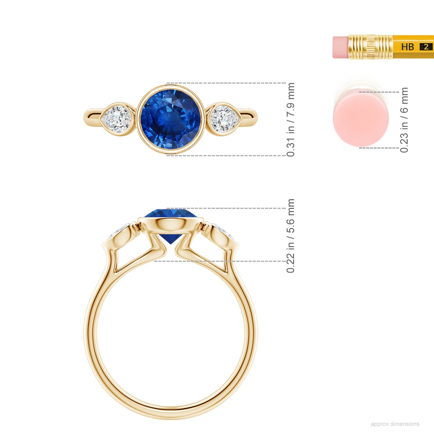 6.5mm AAA Bezel-Set Round Blue Sapphire and Pear Diamond Three-Stone Engagement Ring in Yellow Gold - ruler