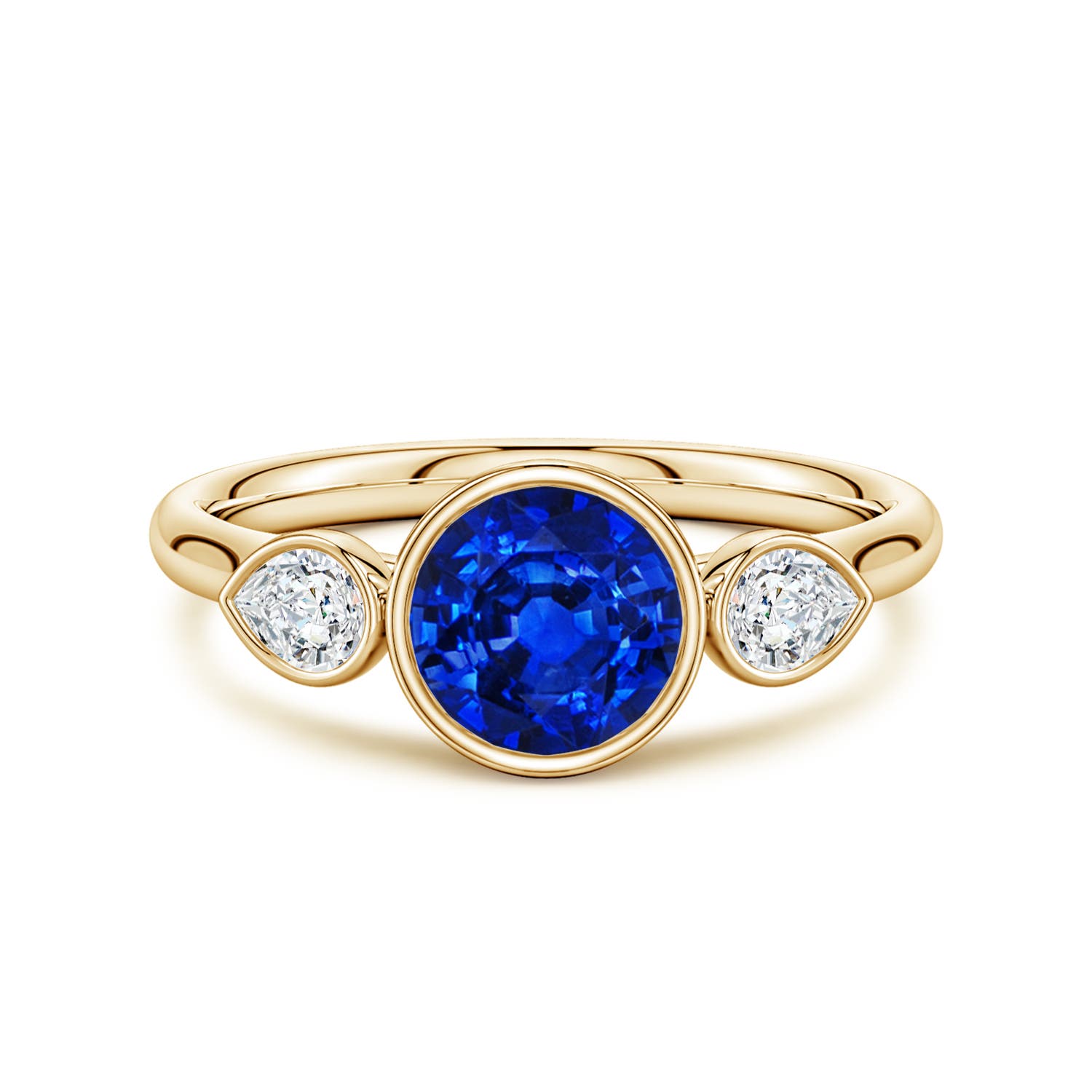 6.5mm AAAA Bezel-Set Round Blue Sapphire and Pear Diamond Three-Stone Engagement Ring in Yellow Gold
