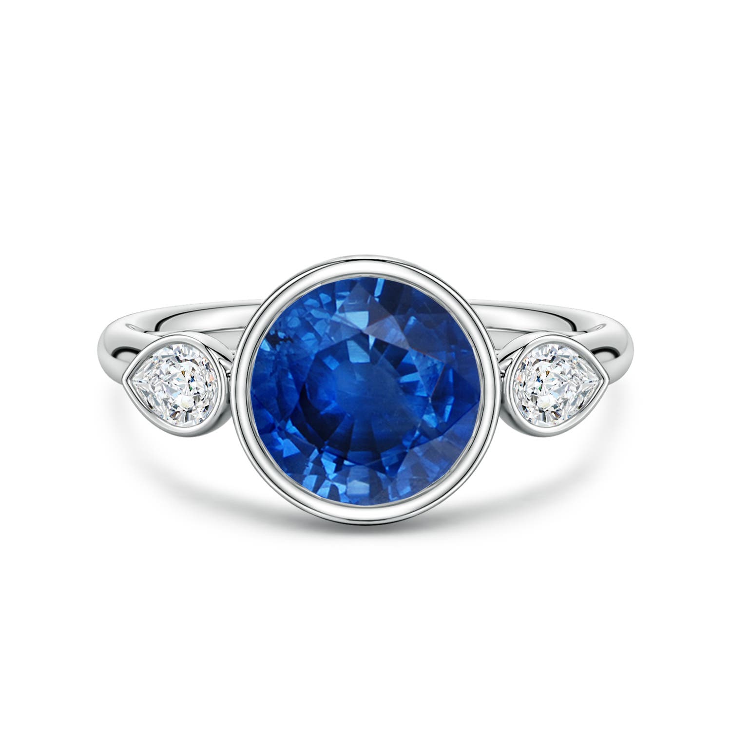 8mm AAA Bezel-Set Round Blue Sapphire and Pear Diamond Three-Stone Engagement Ring in 18K White Gold