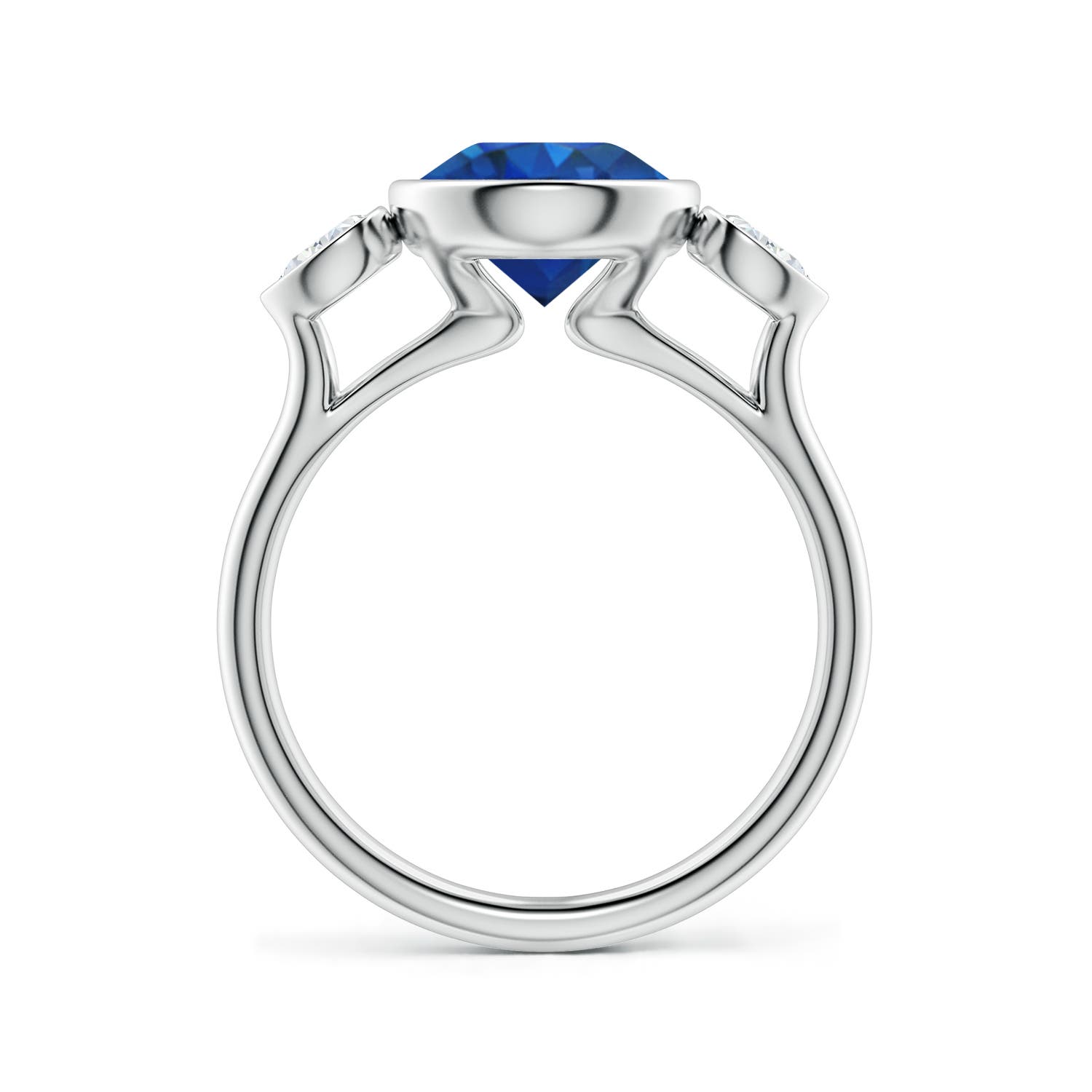 8mm AAA Bezel-Set Round Blue Sapphire and Pear Diamond Three-Stone Engagement Ring in White Gold - side 2