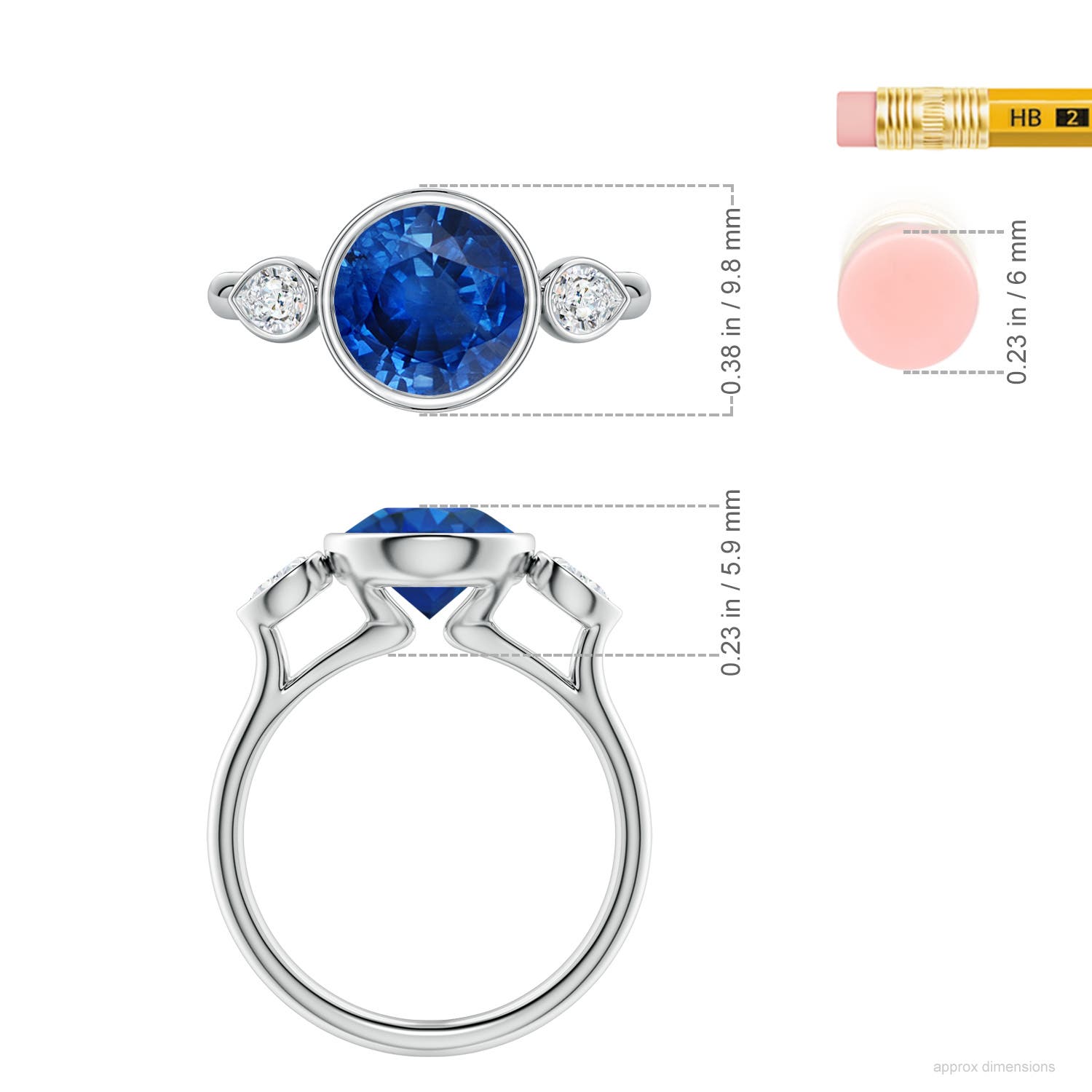 8mm AAA Bezel-Set Round Blue Sapphire and Pear Diamond Three-Stone Engagement Ring in White Gold - ruler