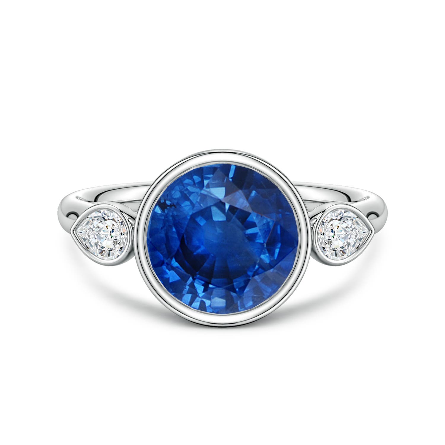 9mm AAA Bezel-Set Round Blue Sapphire and Pear Diamond Three-Stone Engagement Ring in White Gold