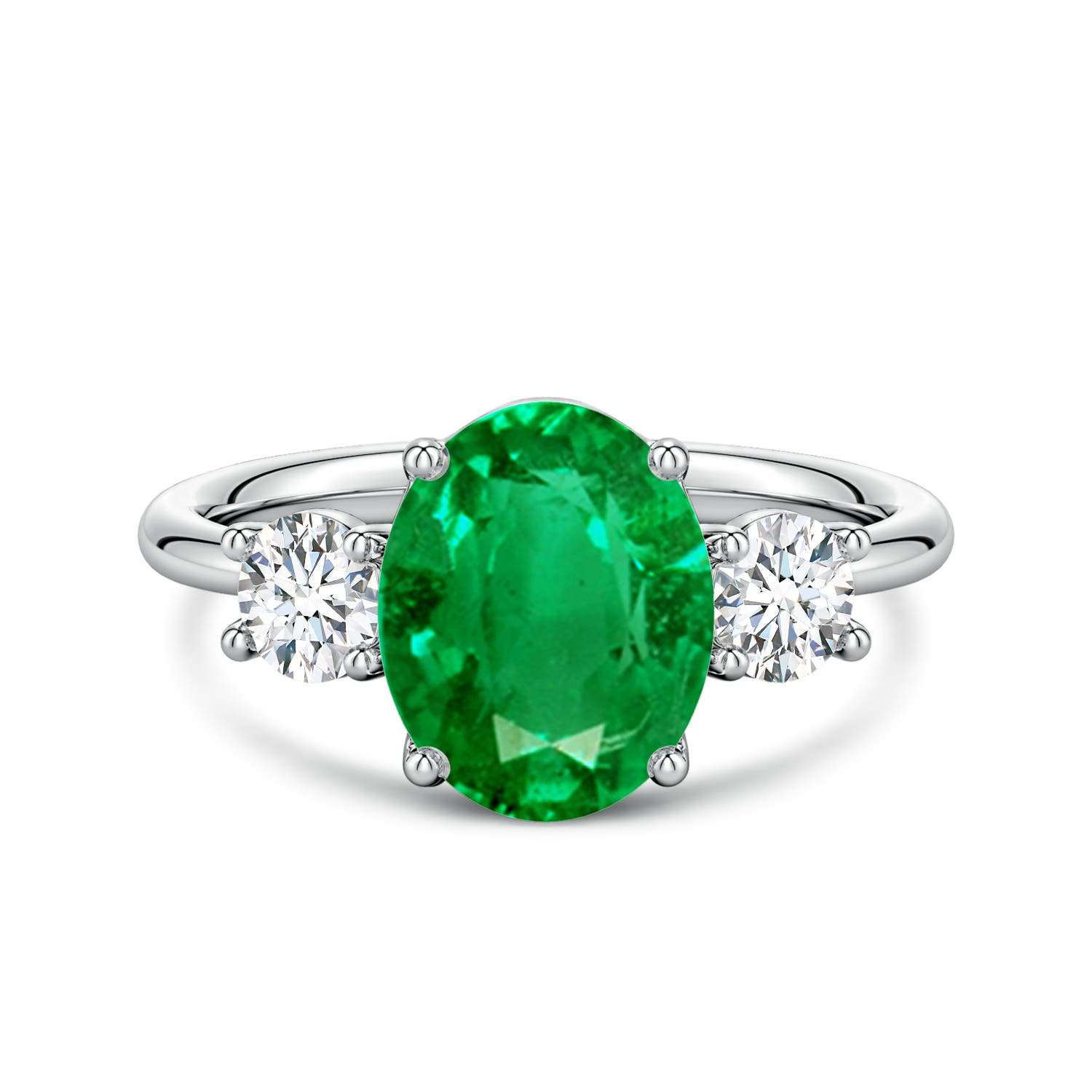 10x8mm AAA Oval Emerald and Round Diamond Three-Stone Engagement Ring in White Gold