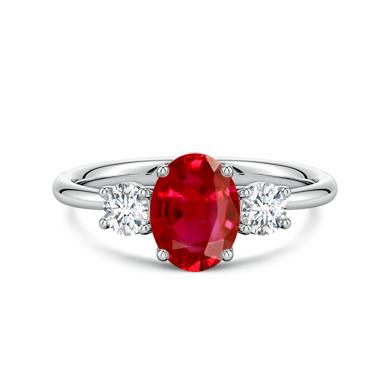 8x6mm AAA Oval Ruby and Round Diamond Three-Stone Engagement Ring in White Gold