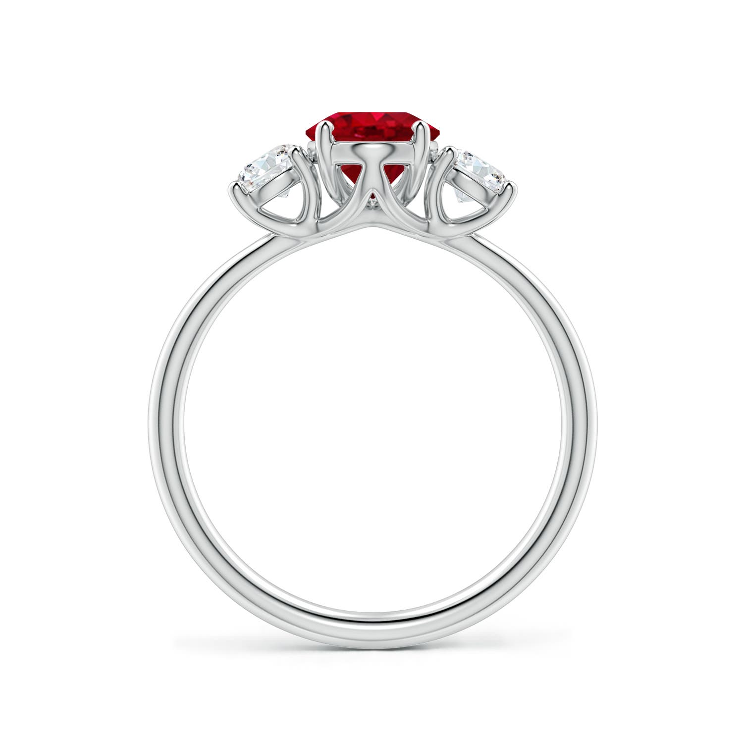 8x6mm AAA Oval Ruby and Round Diamond Three-Stone Engagement Ring in White Gold