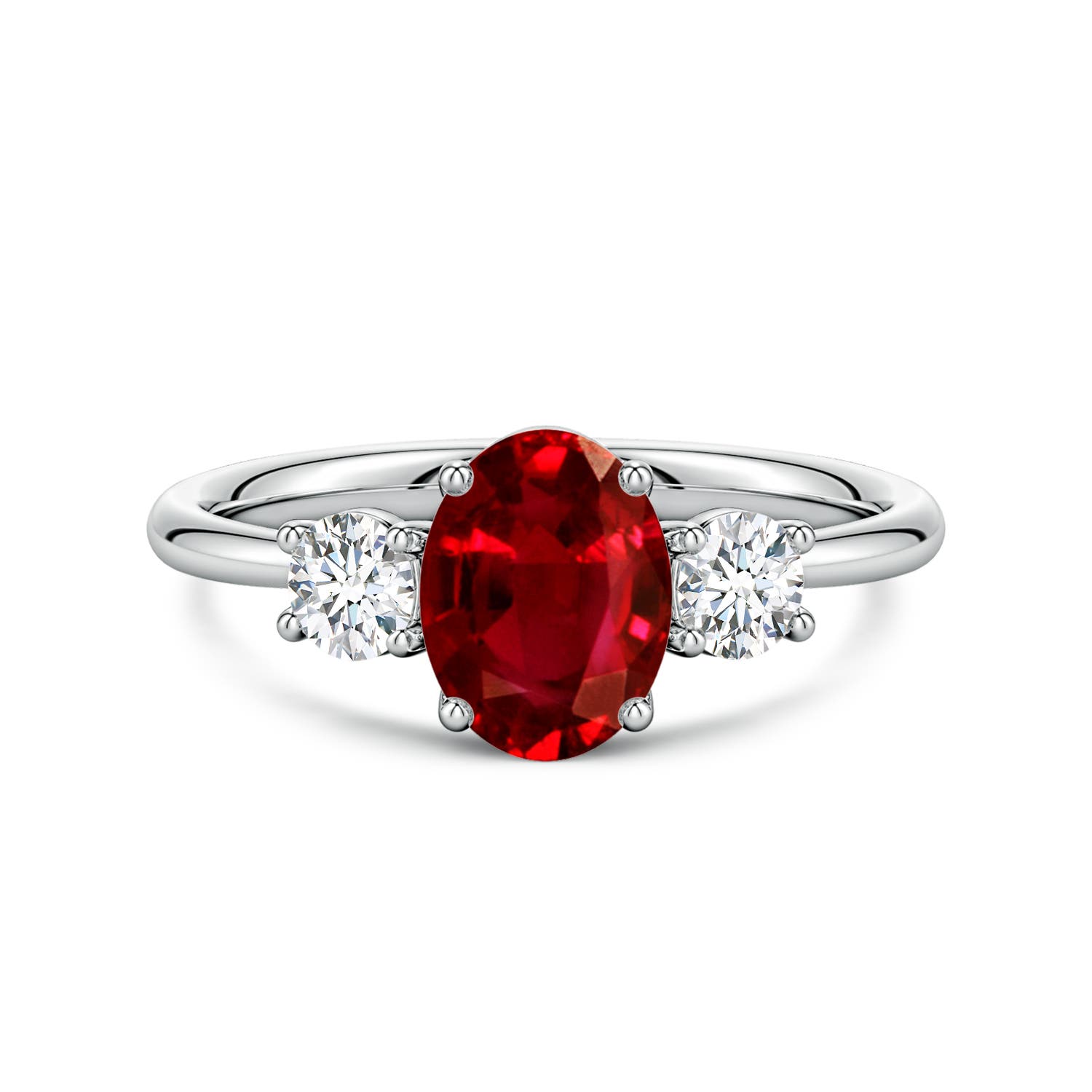 8x6mm AAAA Oval Ruby and Round Diamond Three-Stone Engagement Ring in P950 Platinum