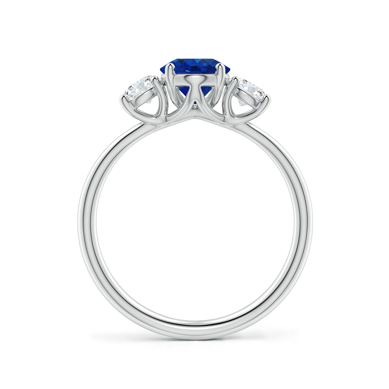 8x6mm AAA Oval Blue Sapphire and Round Diamond Three-Stone Engagement Ring in White Gold