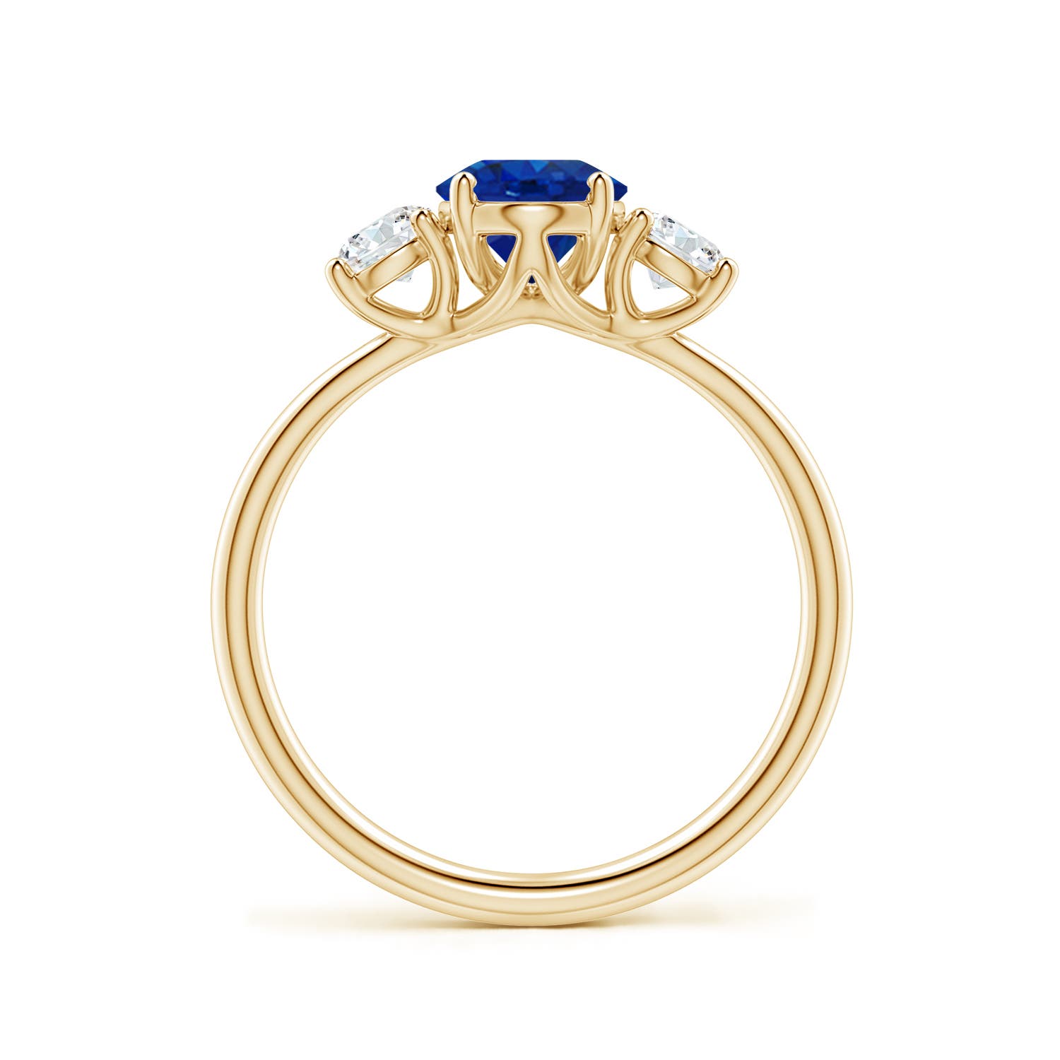 8x6mm AAA Oval Blue Sapphire and Round Diamond Three-Stone Engagement Ring in Yellow Gold