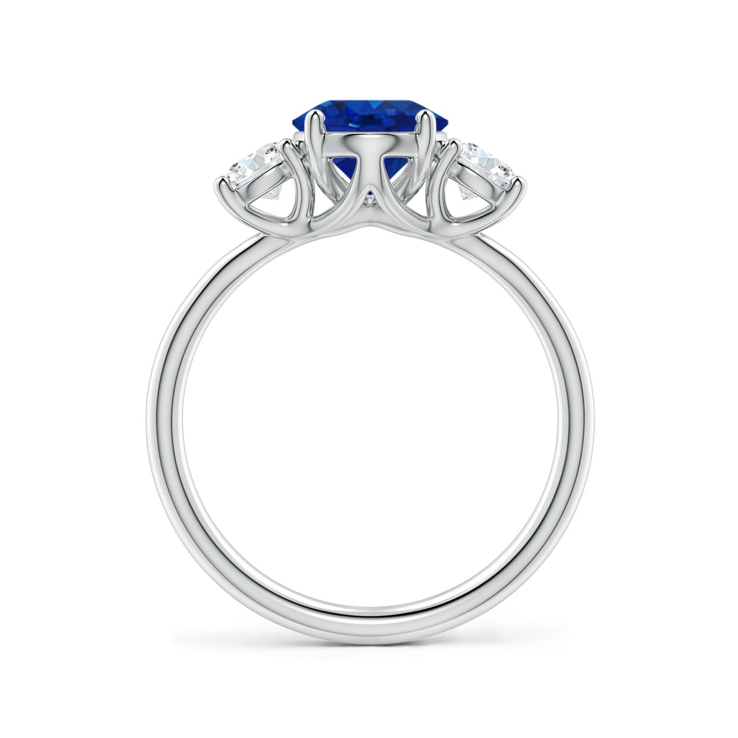 9x7mm AAA Oval Blue Sapphire and Round Diamond Three-Stone Engagement Ring in White Gold