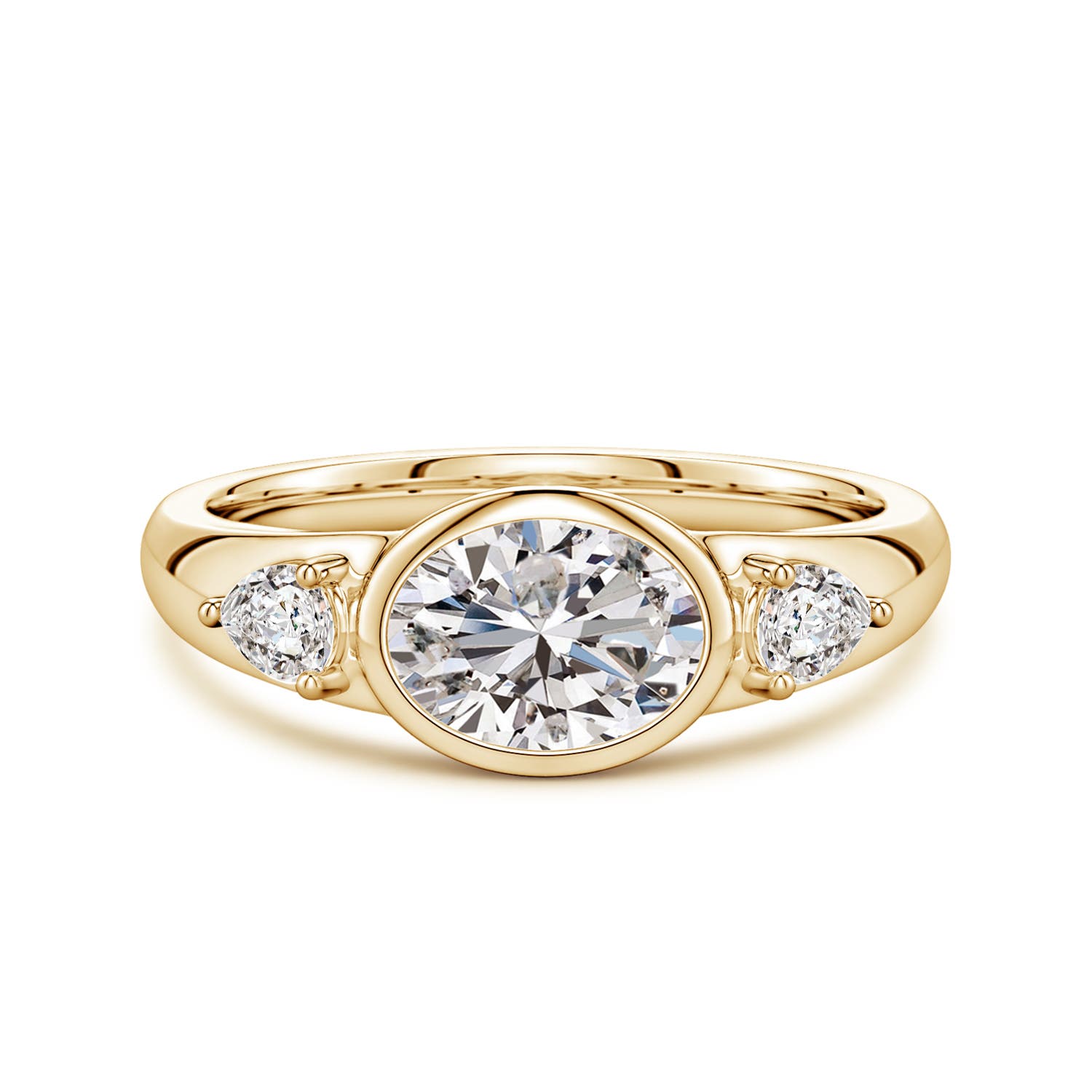 7.7x5.7mm IJI1I2 East-West Oval and Pear Diamond Three-Stone Engagement Ring in Yellow Gold
