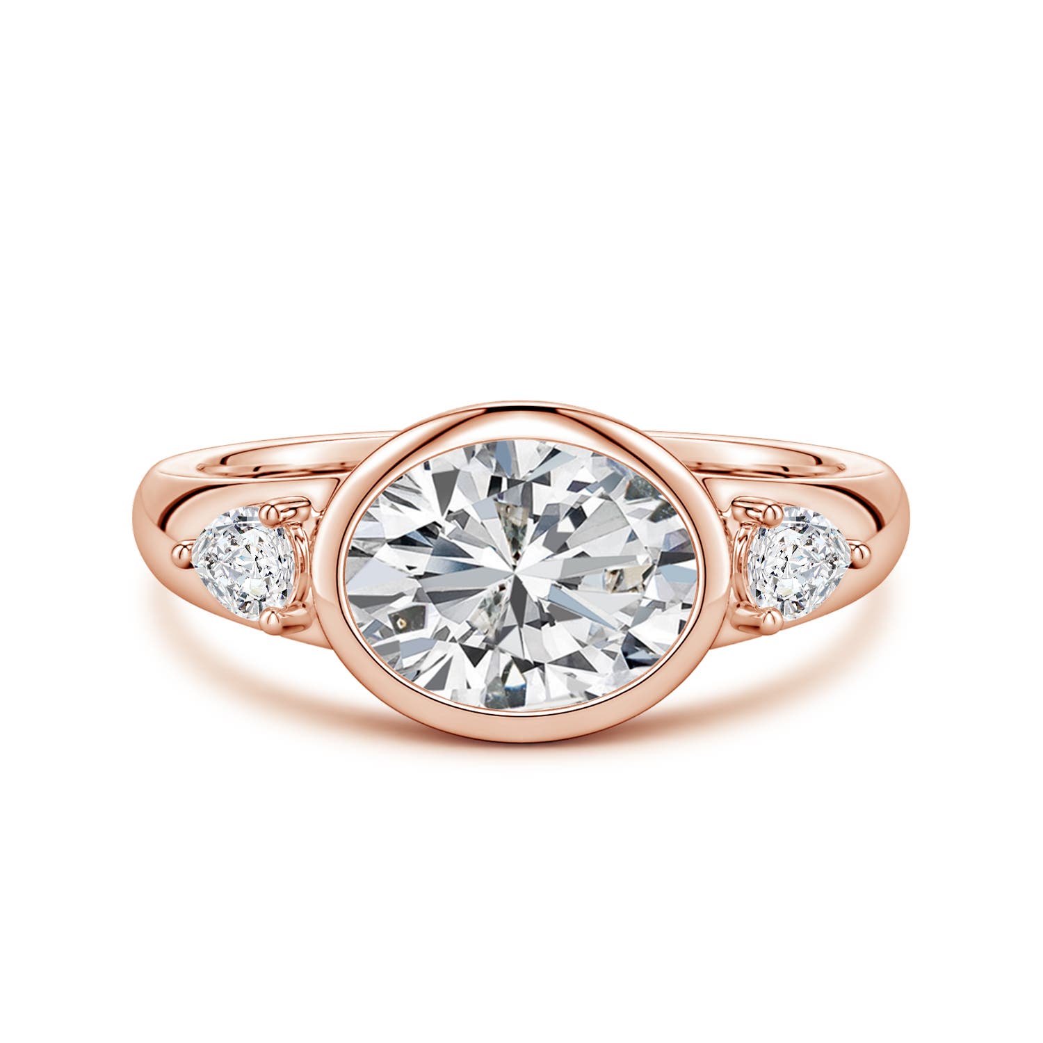 9x7mm HSI2 East-West Oval and Pear Diamond Three-Stone Engagement Ring in Rose Gold