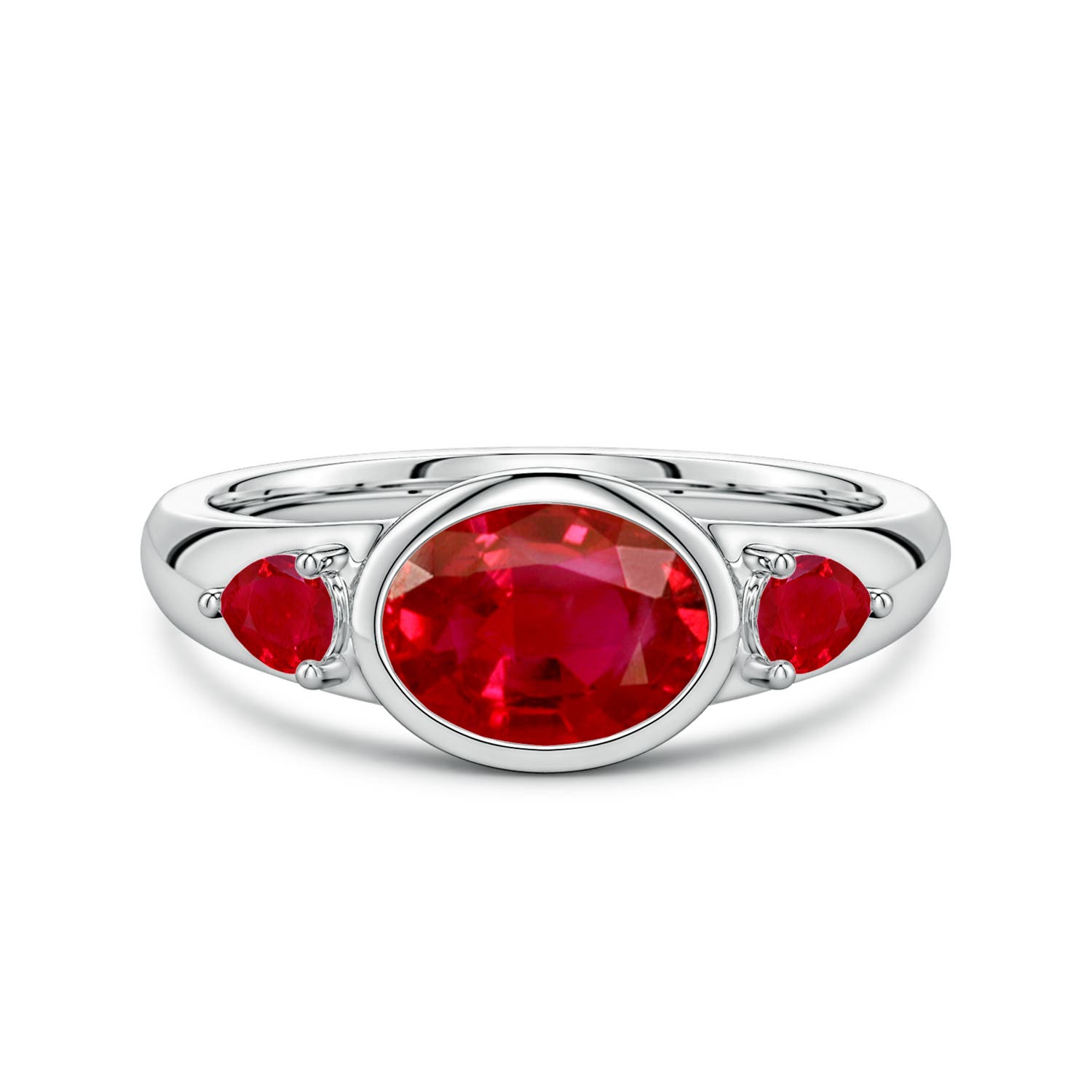 8x6mm AAA East-West Oval and Pear Ruby Three-Stone Engagement Ring in 18K White Gold