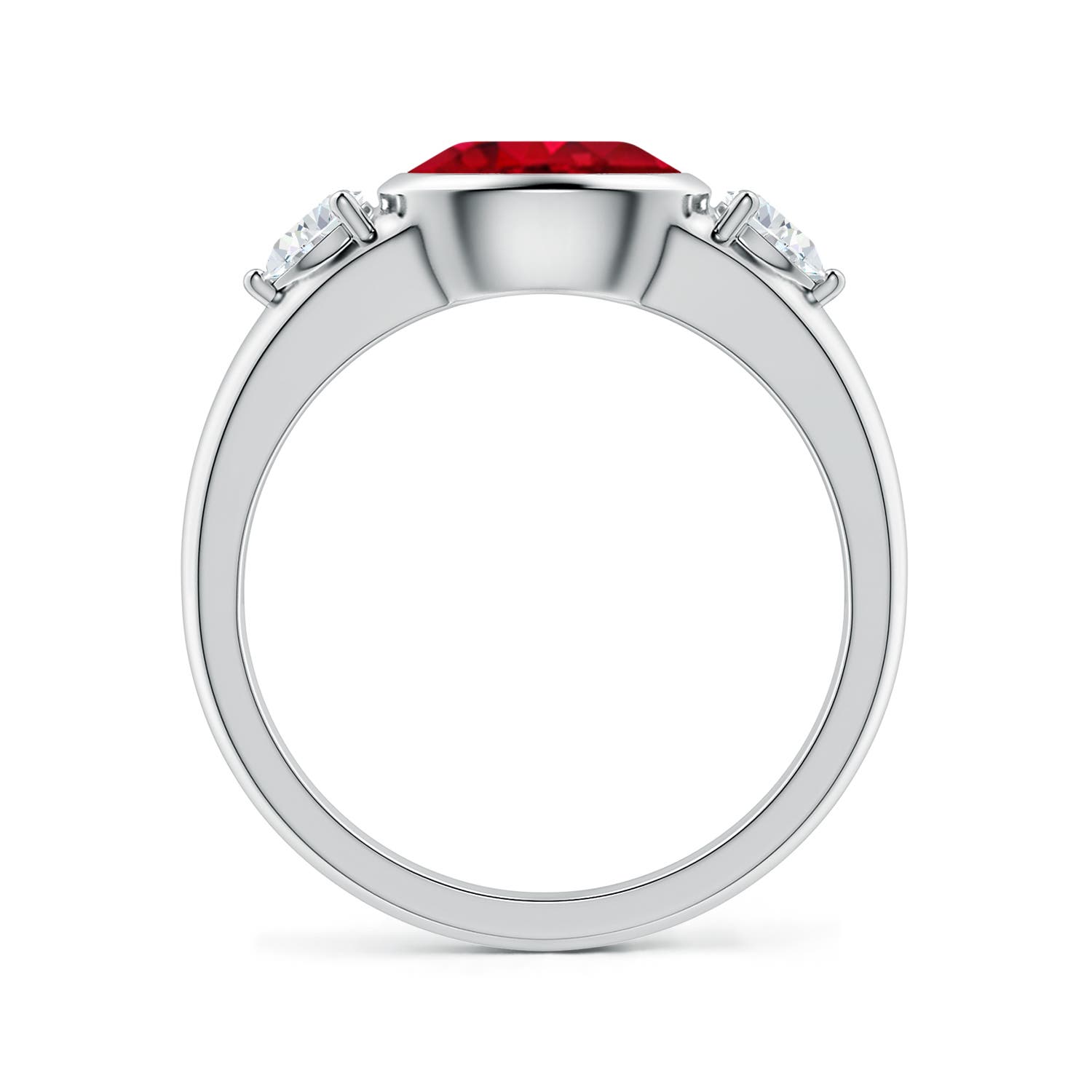 8x6mm AAA East-West Oval Ruby and Pear Diamond Three-Stone Engagement Ring in 18K White Gold