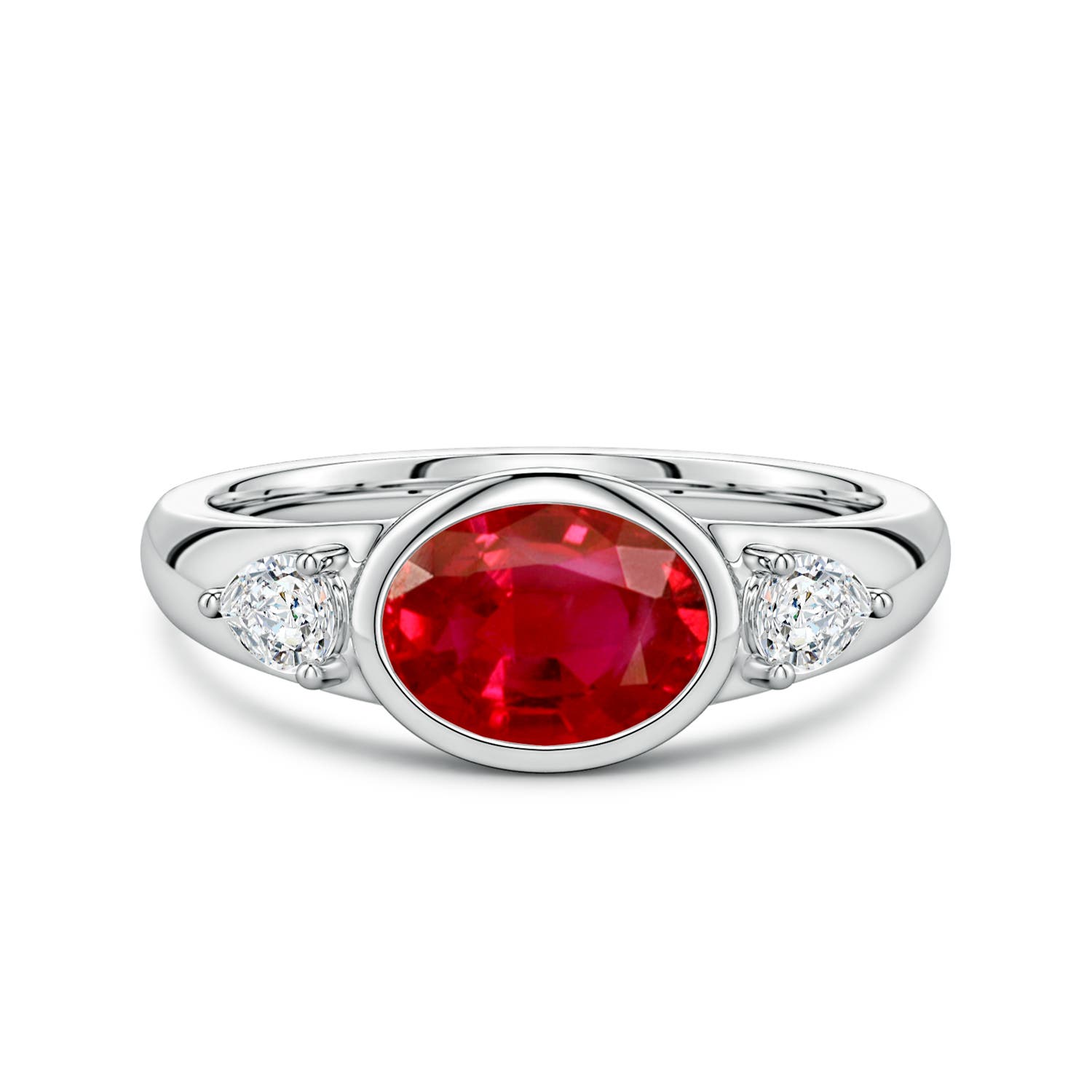 8x6mm AAA East-West Oval Ruby and Pear Diamond Three-Stone Engagement Ring in White Gold