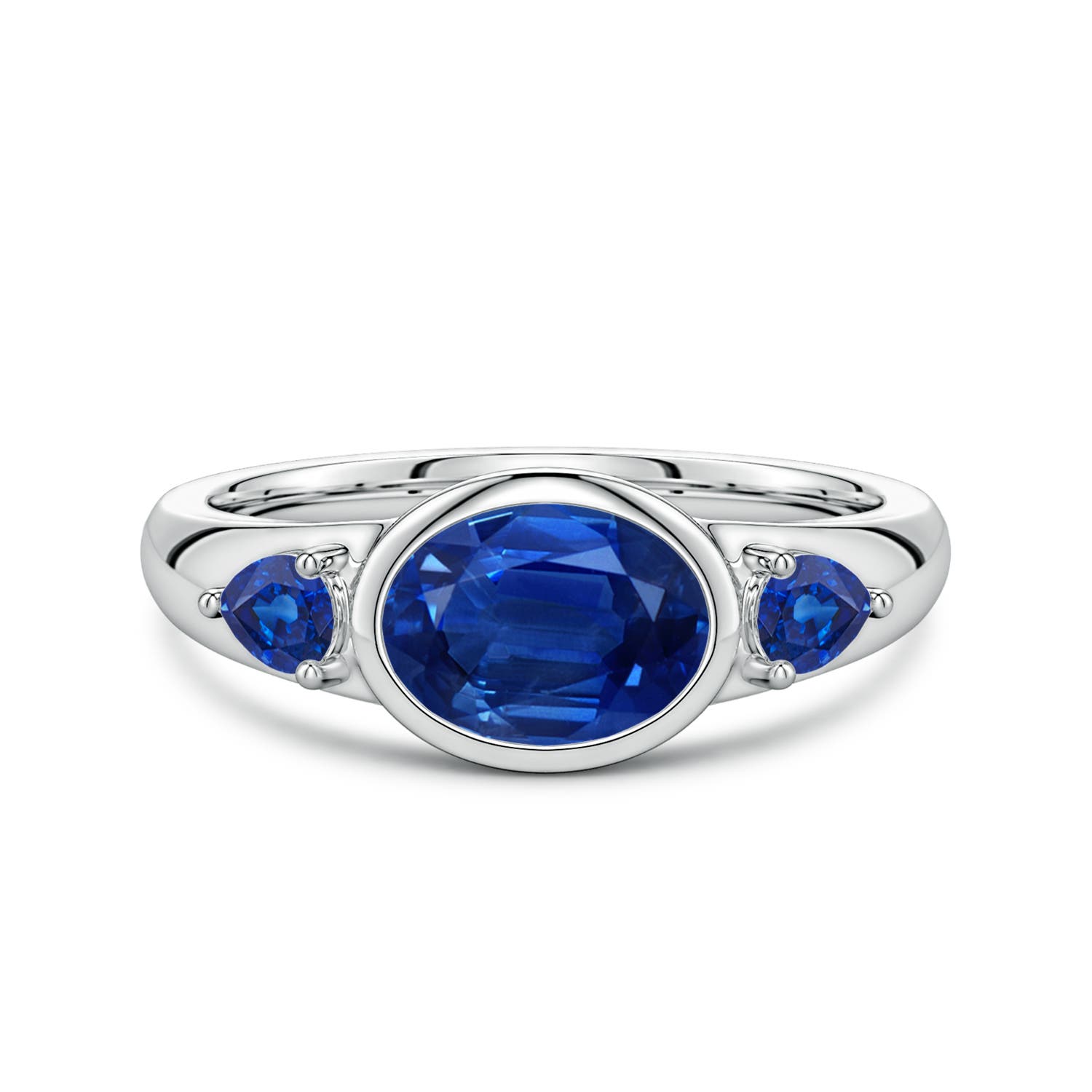 8x6mm AAA East-West Oval and Pear Blue Sapphire Three-Stone Engagement Ring in 18K White Gold