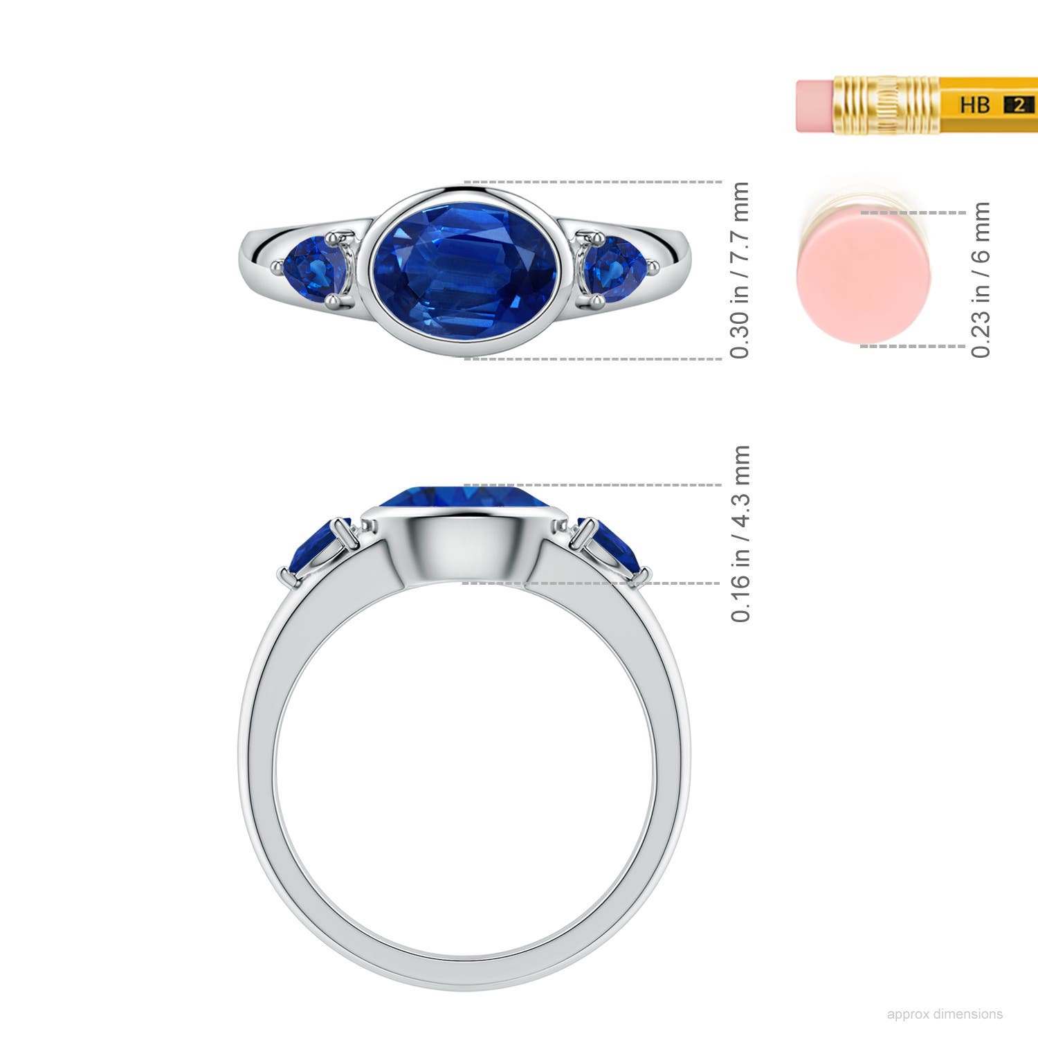 8x6mm AAA East-West Oval and Pear Blue Sapphire Three-Stone Engagement Ring in White Gold - ruler