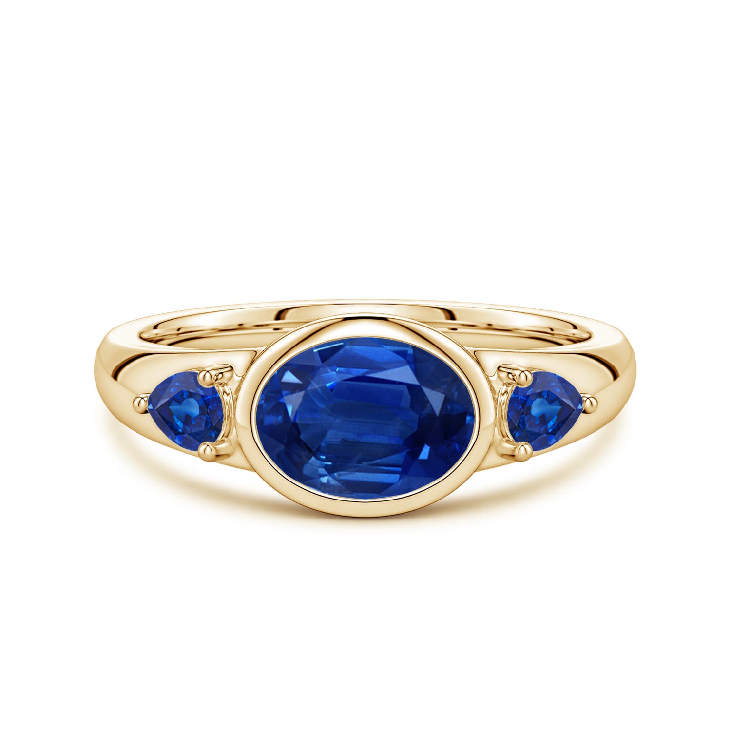 8x6mm AAA East-West Oval and Pear Blue Sapphire Three-Stone Engagement Ring in Yellow Gold
