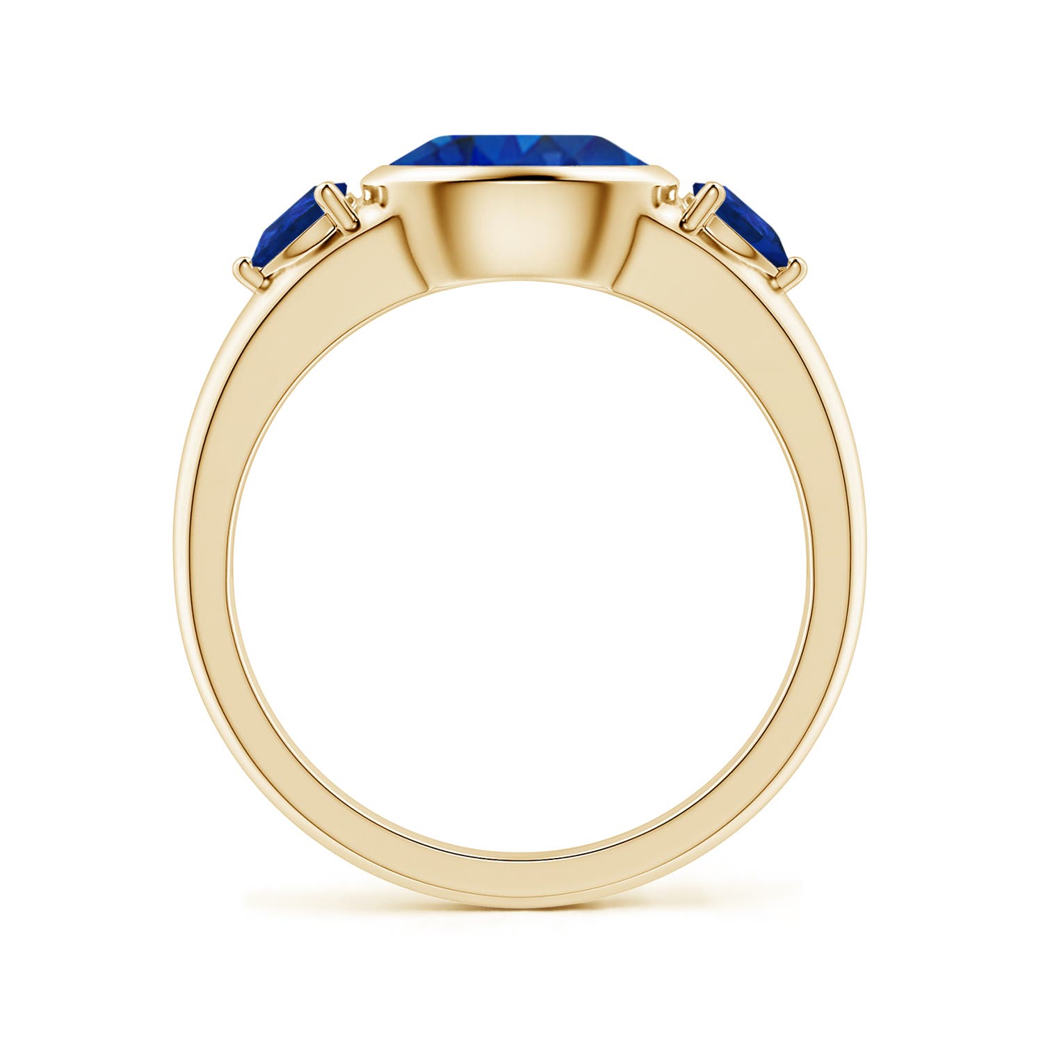 8x6mm AAA East-West Oval and Pear Blue Sapphire Three-Stone Engagement Ring in Yellow Gold