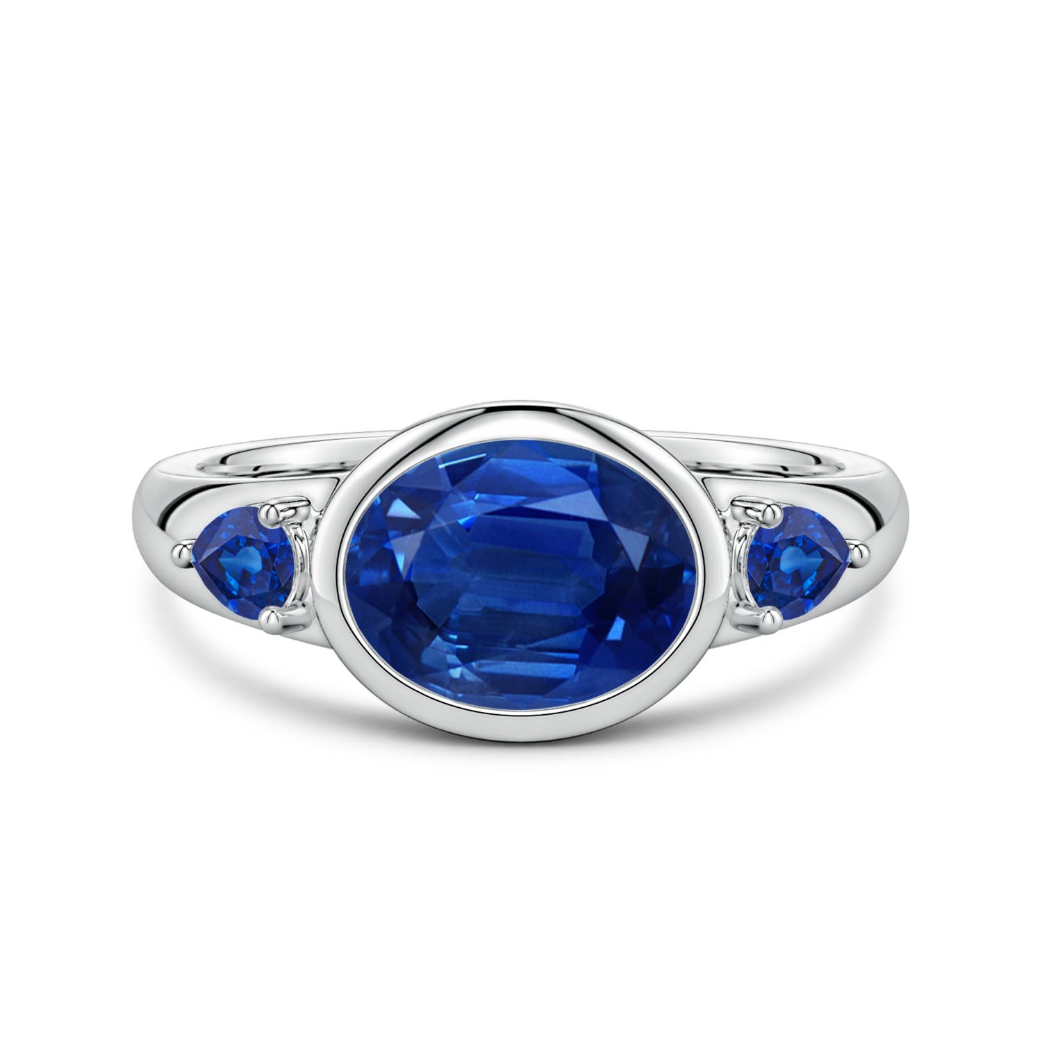 9x7mm AAA East-West Oval and Pear Blue Sapphire Three-Stone Engagement Ring in White Gold