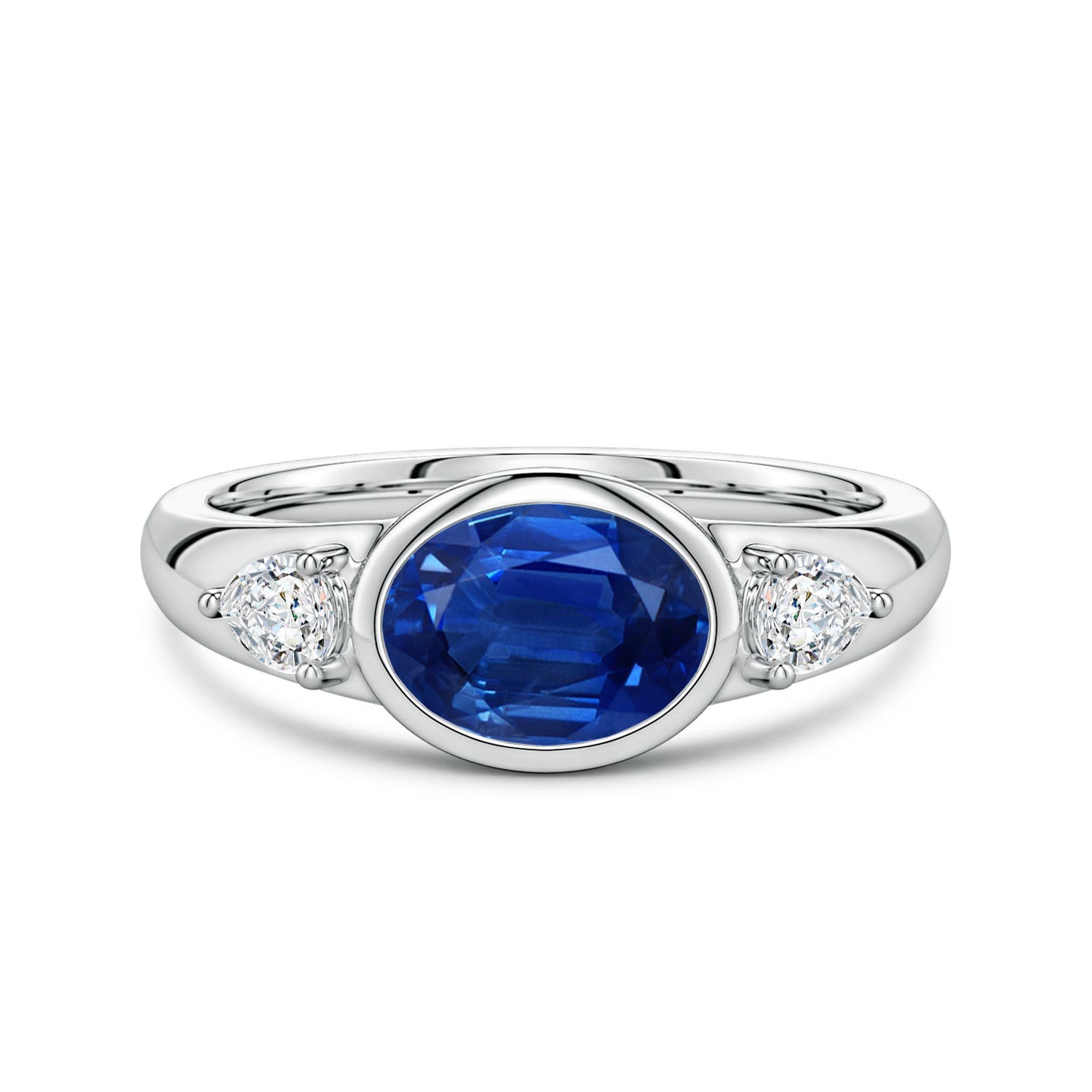 8x6mm AAA East-West Oval Blue Sapphire and Pear Diamond Three-Stone Engagement Ring in 18K White Gold