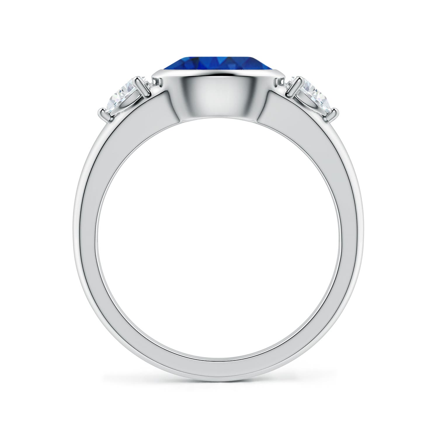 8x6mm AAA East-West Oval Blue Sapphire and Pear Diamond Three-Stone Engagement Ring in White Gold - side 2