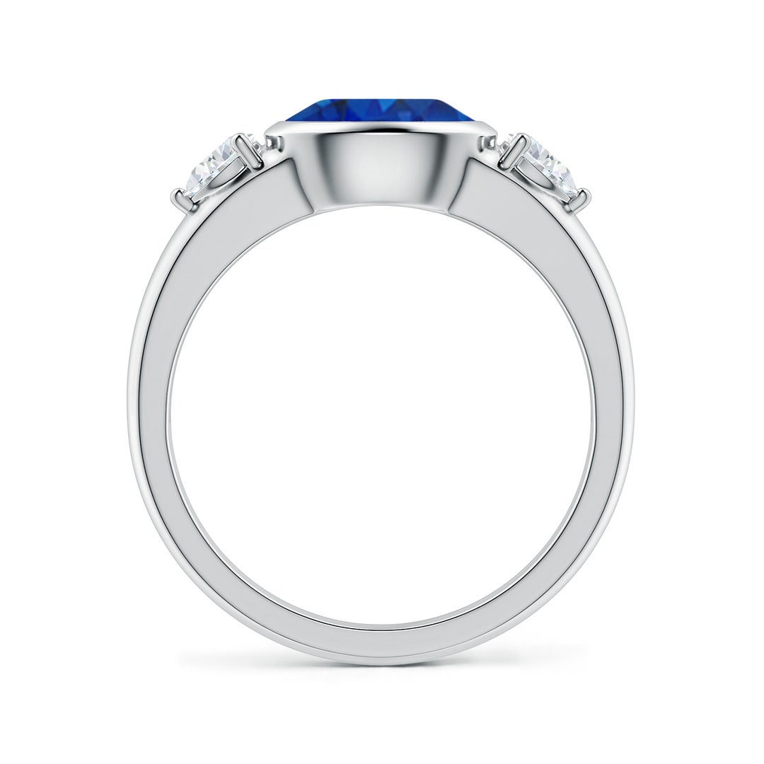 8x6mm AAA East-West Oval Blue Sapphire and Pear Diamond Three-Stone Engagement Ring in White Gold - side 2