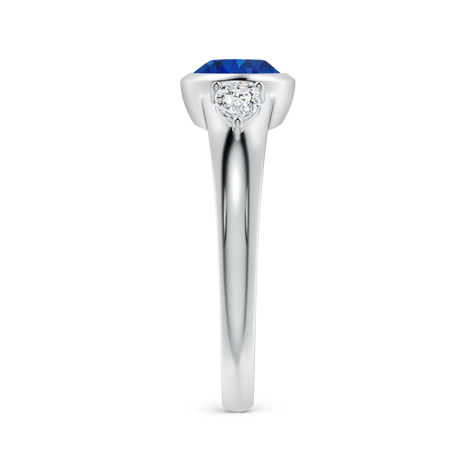 8x6mm AAA East-West Oval Blue Sapphire and Pear Diamond Three-Stone Engagement Ring in White Gold - side 3