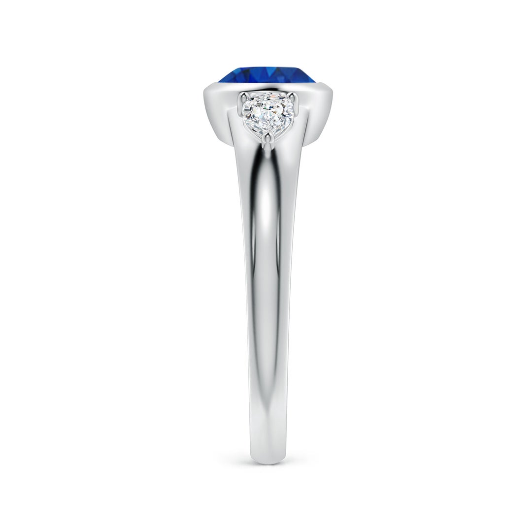 8x6mm AAA East-West Oval Blue Sapphire and Pear Diamond Three-Stone Engagement Ring in White Gold - side 3