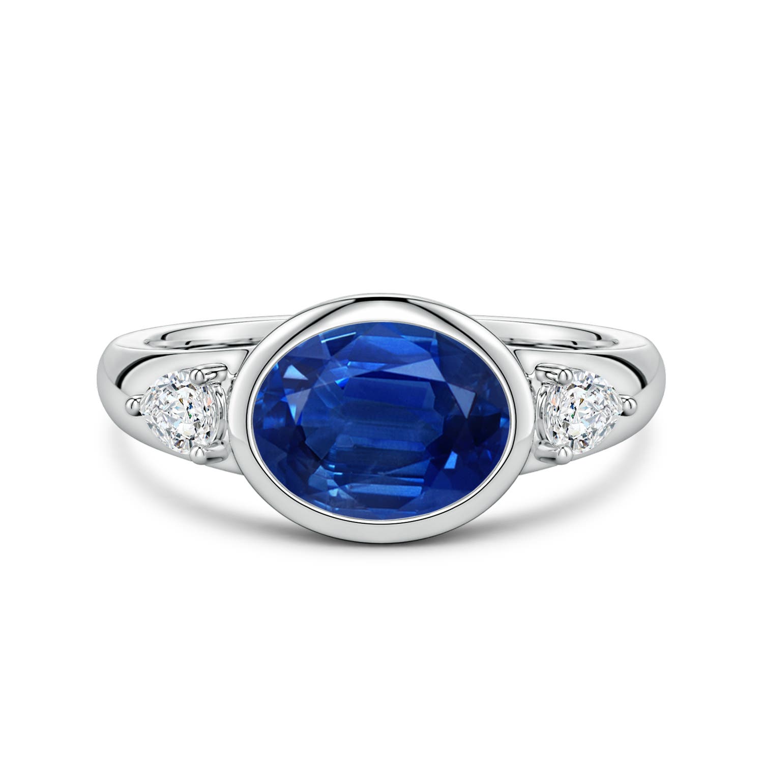 9x7mm AAA East-West Oval Blue Sapphire and Pear Diamond Three-Stone Engagement Ring in White Gold