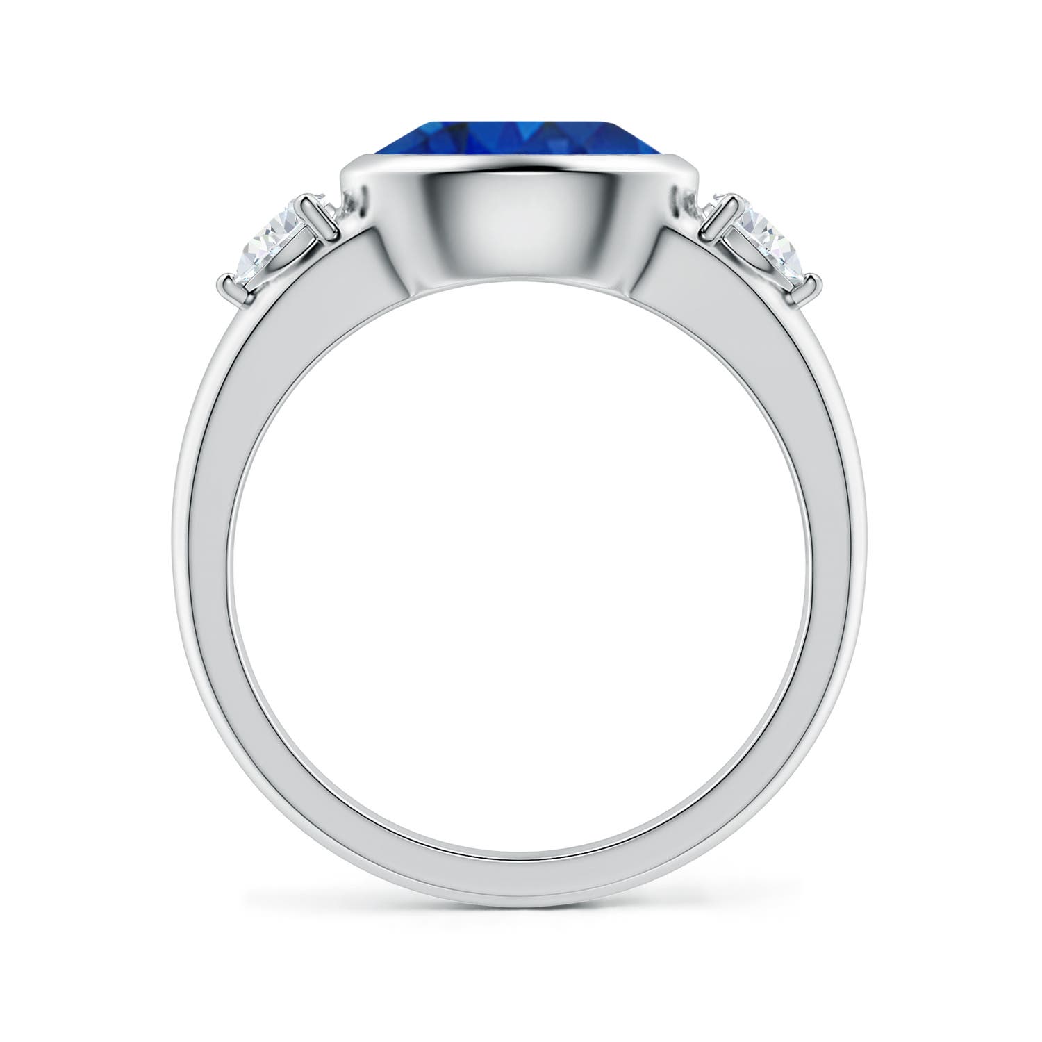9x7mm AAA East-West Oval Blue Sapphire and Pear Diamond Three-Stone Engagement Ring in White Gold