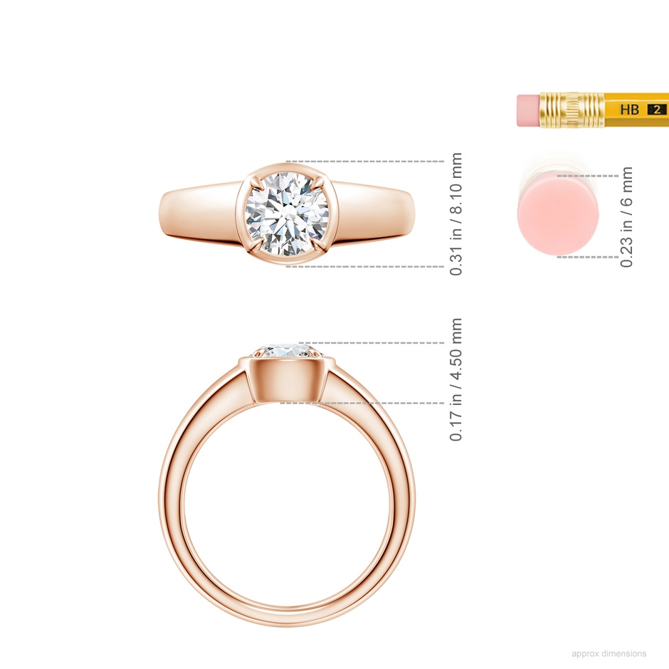 6.4mm GVS2 Bezel and Prong Round Diamond Solitaire Engagement Ring in Rose Gold ruler