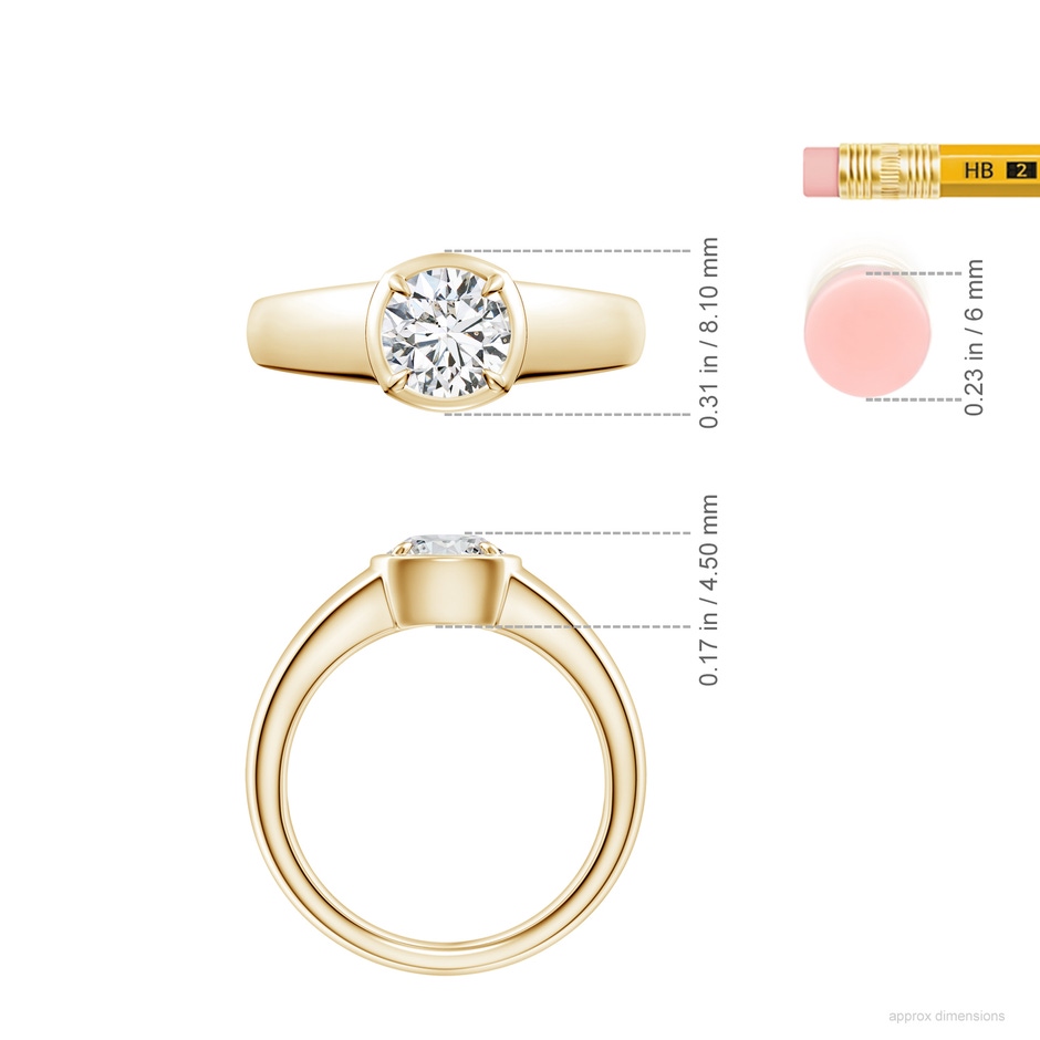 6.4mm HSI2 Bezel and Prong Round Diamond Solitaire Engagement Ring in Yellow Gold ruler