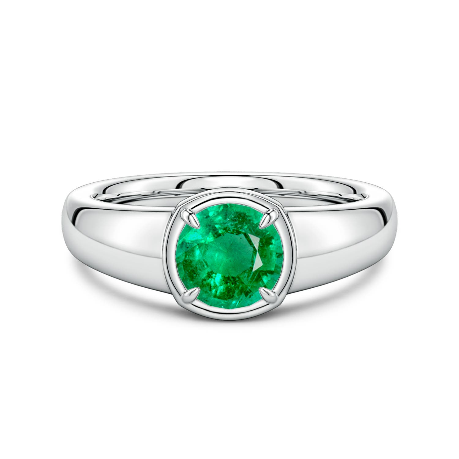 6.5mm AAA Bezel and Prong Round Emerald Solitaire Engagement Ring in 18K White Gold