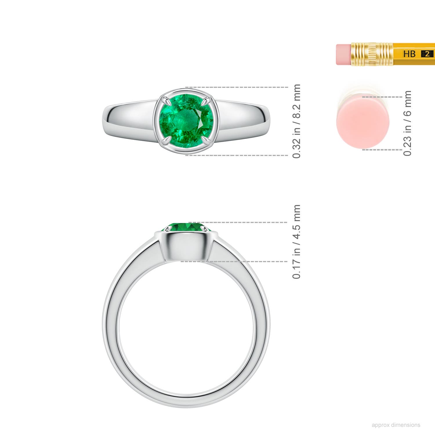 6.5mm AAA Bezel and Prong Round Emerald Solitaire Engagement Ring in White Gold - ruler