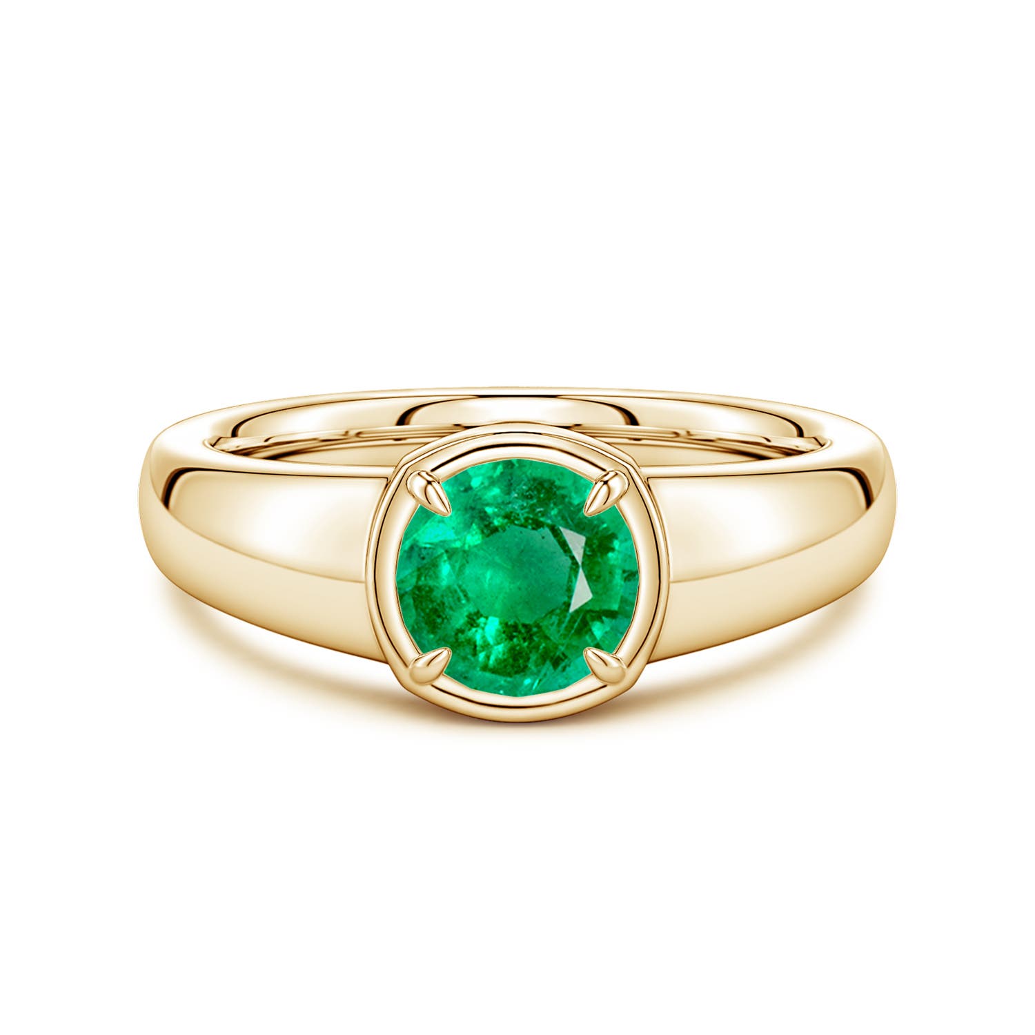6.5mm AAA Bezel and Prong Round Emerald Solitaire Engagement Ring in Yellow Gold