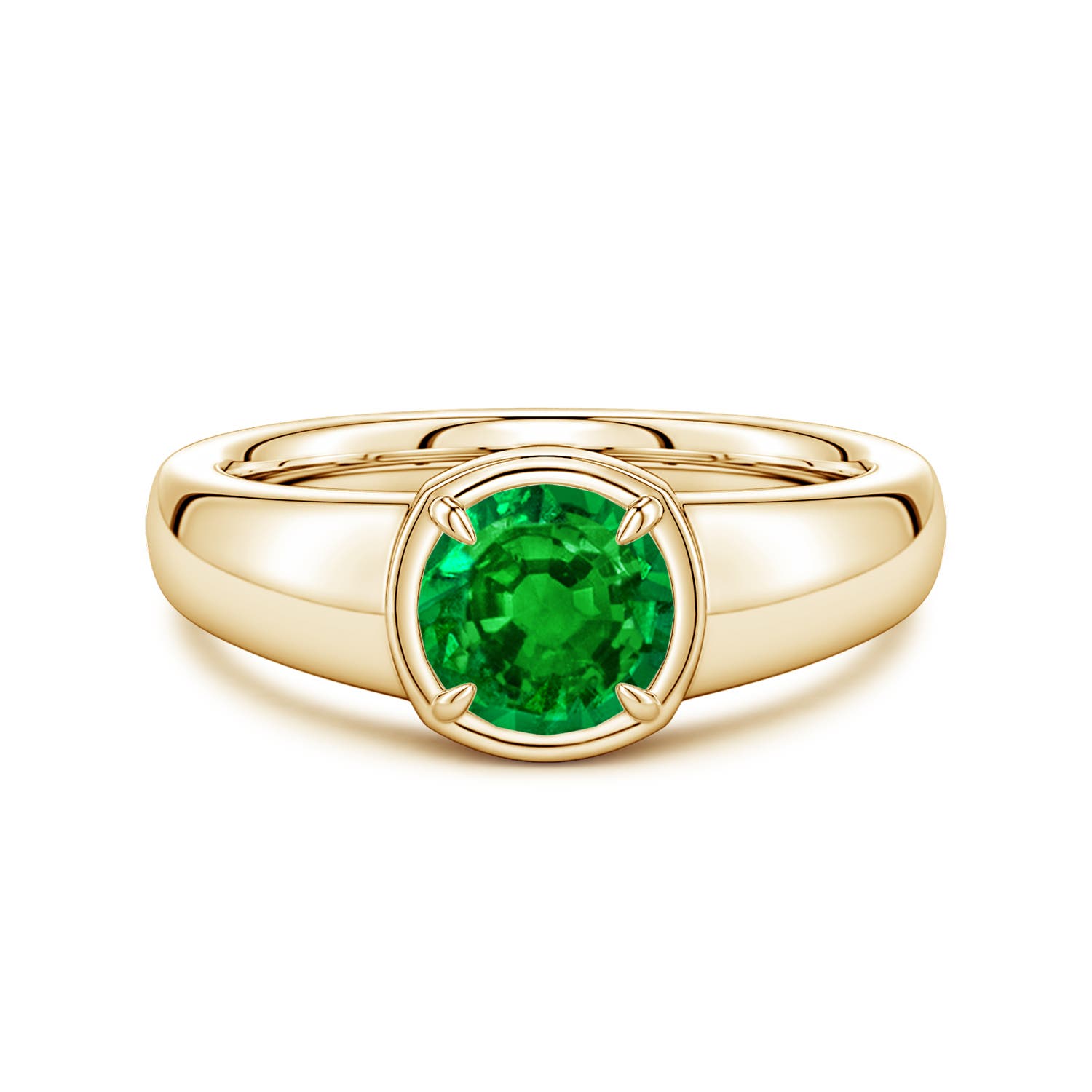 6.5mm AAAA Bezel and Prong Round Emerald Solitaire Engagement Ring in Yellow Gold