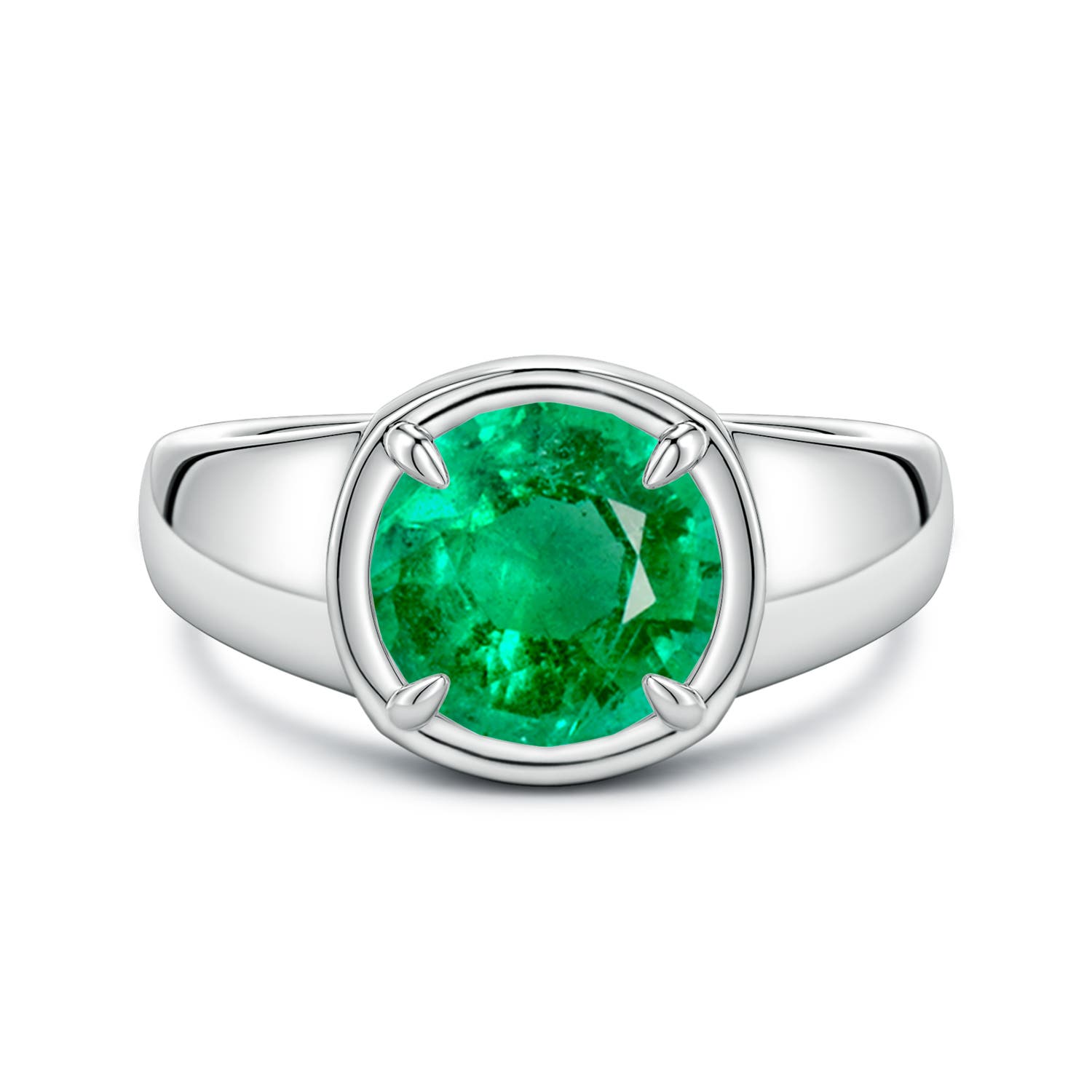 9mm AAA Bezel and Prong Round Emerald Solitaire Engagement Ring in White Gold