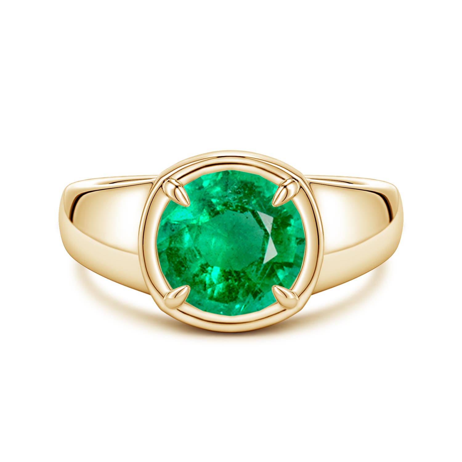 9mm AAA Bezel and Prong Round Emerald Solitaire Engagement Ring in Yellow Gold