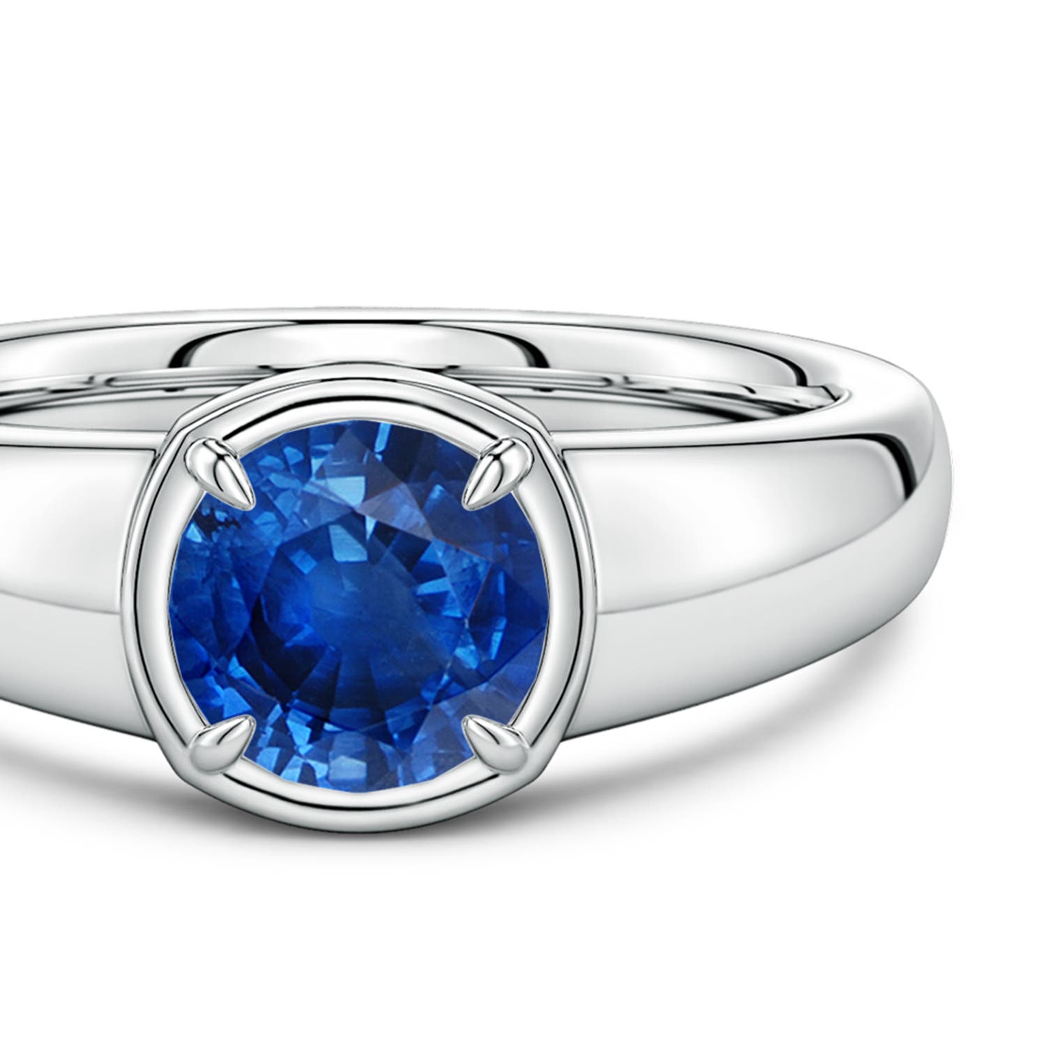 6.5mm AAA Bezel and Prong Round Blue Sapphire Solitaire Engagement Ring in White Gold - side 4