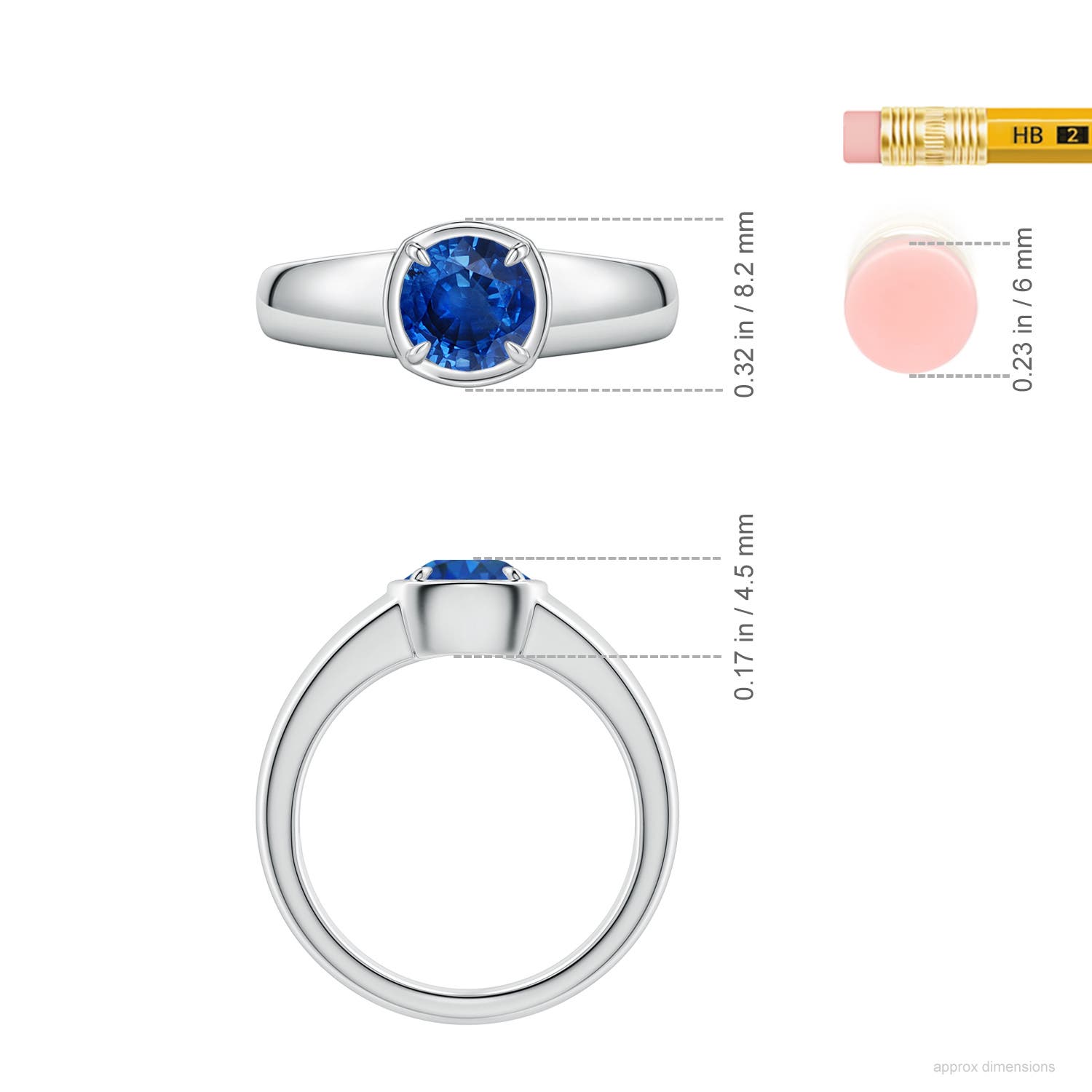 6.5mm AAA Bezel and Prong Round Blue Sapphire Solitaire Engagement Ring in White Gold - ruler