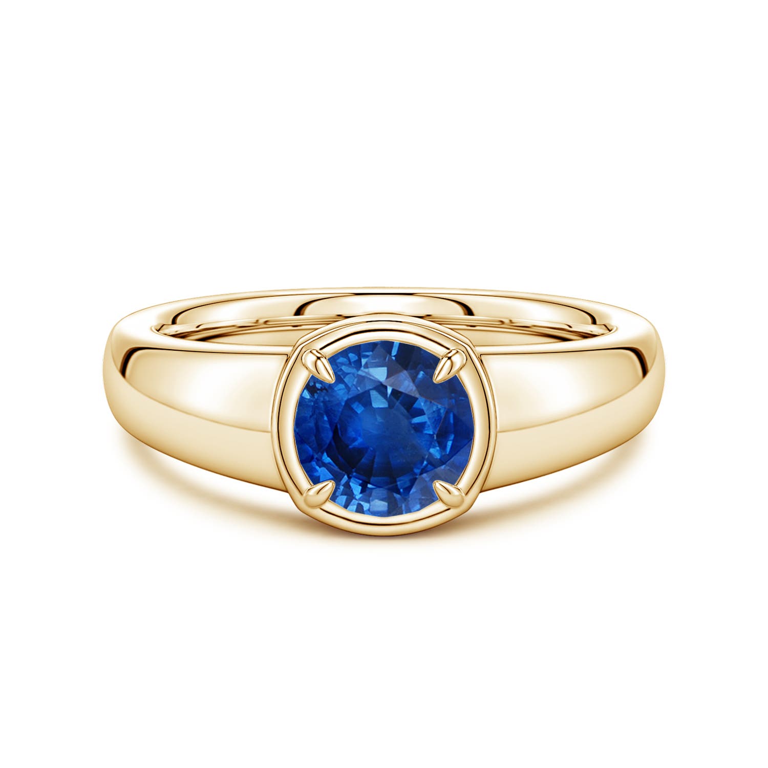 6.5mm AAA Bezel and Prong Round Blue Sapphire Solitaire Engagement Ring in Yellow Gold