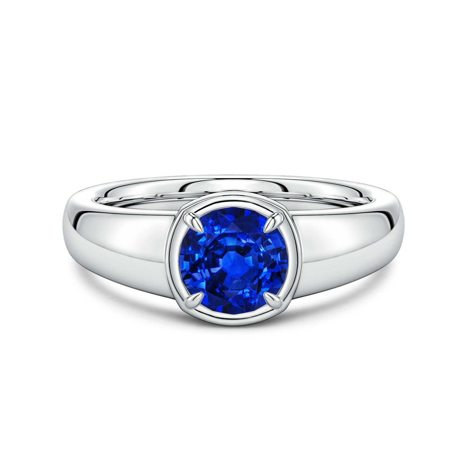 6.5mm AAAA Bezel and Prong Round Blue Sapphire Solitaire Engagement Ring in White Gold
