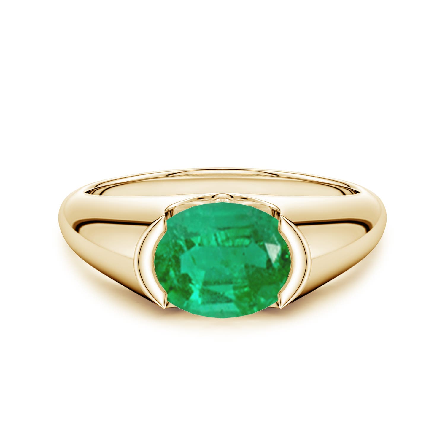 9x7mm AA Semi Bezel-Set Oval Emerald Signet Engagement Ring in Yellow Gold