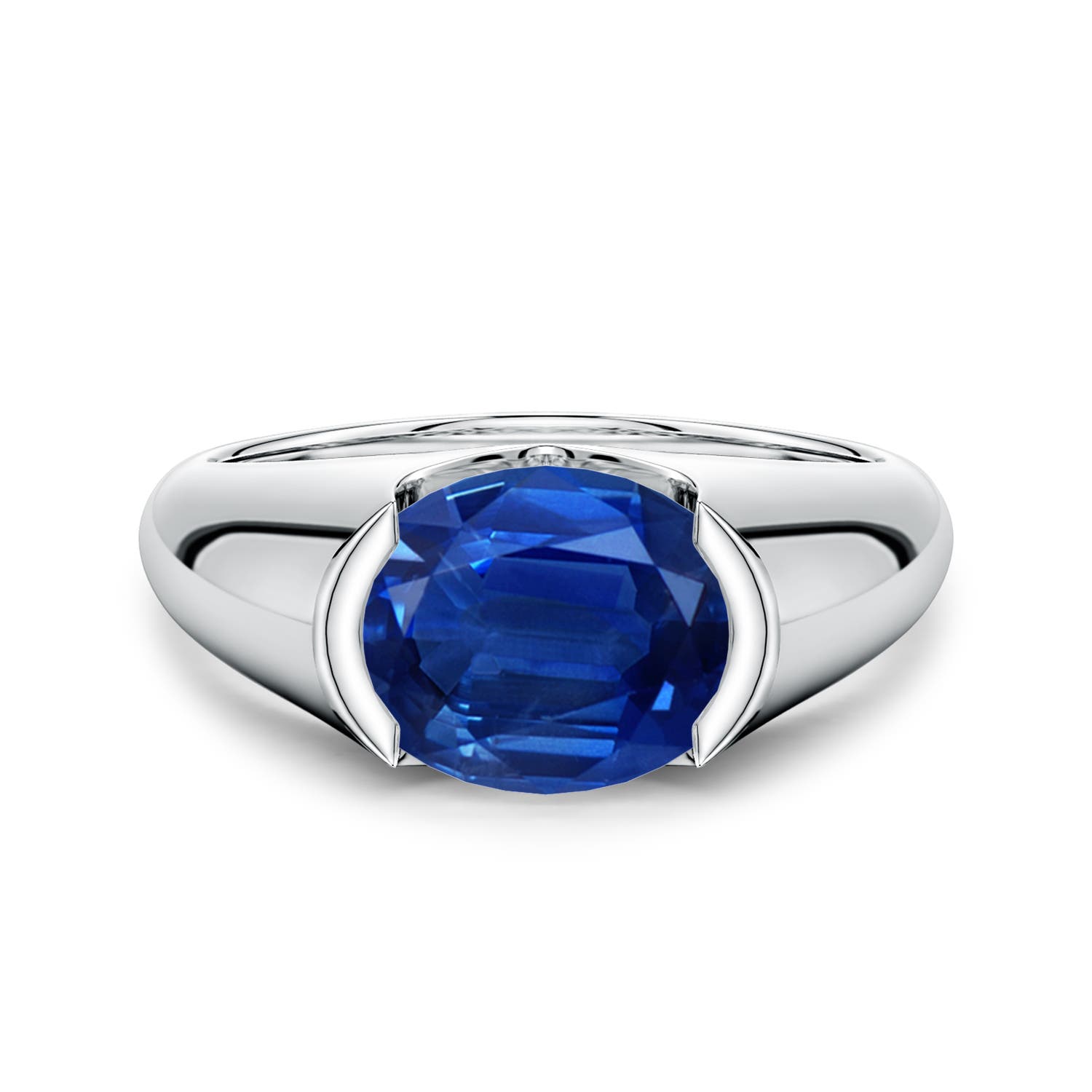 10x8mm AAA Semi Bezel-Set Oval Blue Sapphire Signet Engagement Ring in White Gold
