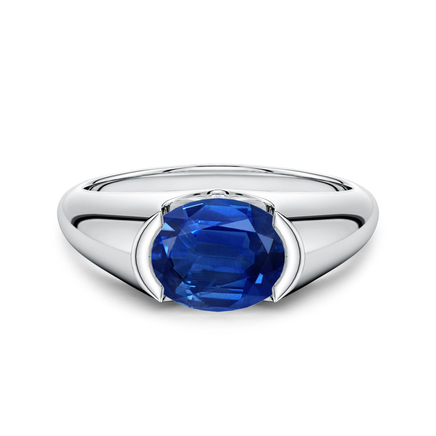9x7mm AAA Semi Bezel-Set Oval Blue Sapphire Signet Engagement Ring in White Gold