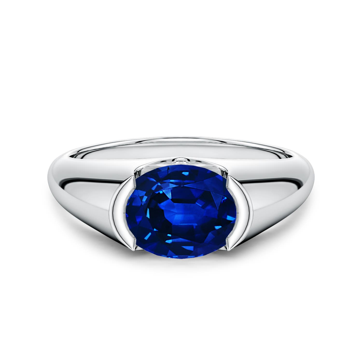 9x7mm AAAA Semi Bezel-Set Oval Blue Sapphire Signet Engagement Ring in White Gold