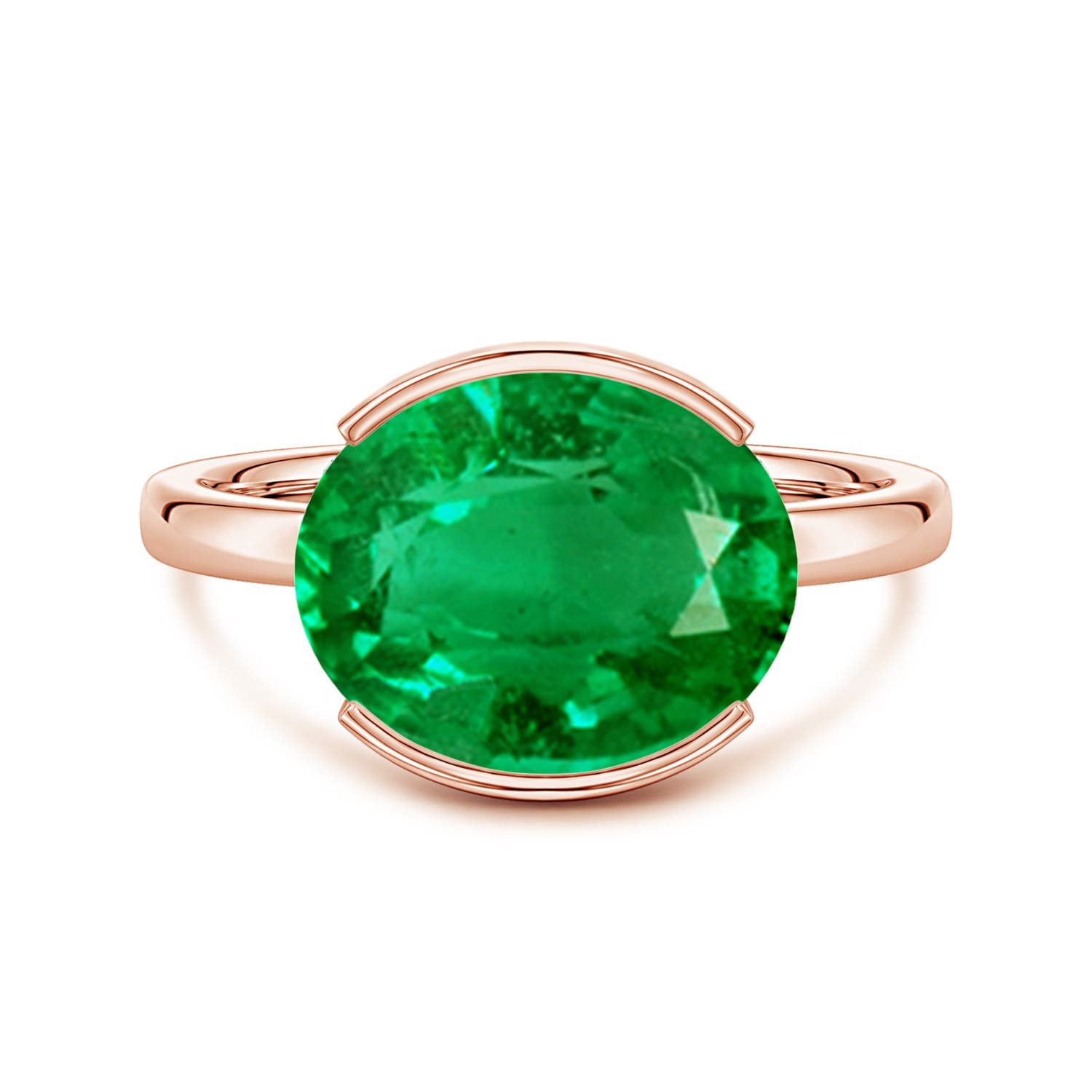 12x10mm AAA Semi Bezel-Set Oval Emerald Hidden Halo Engagement Ring in 18CT Rose Gold