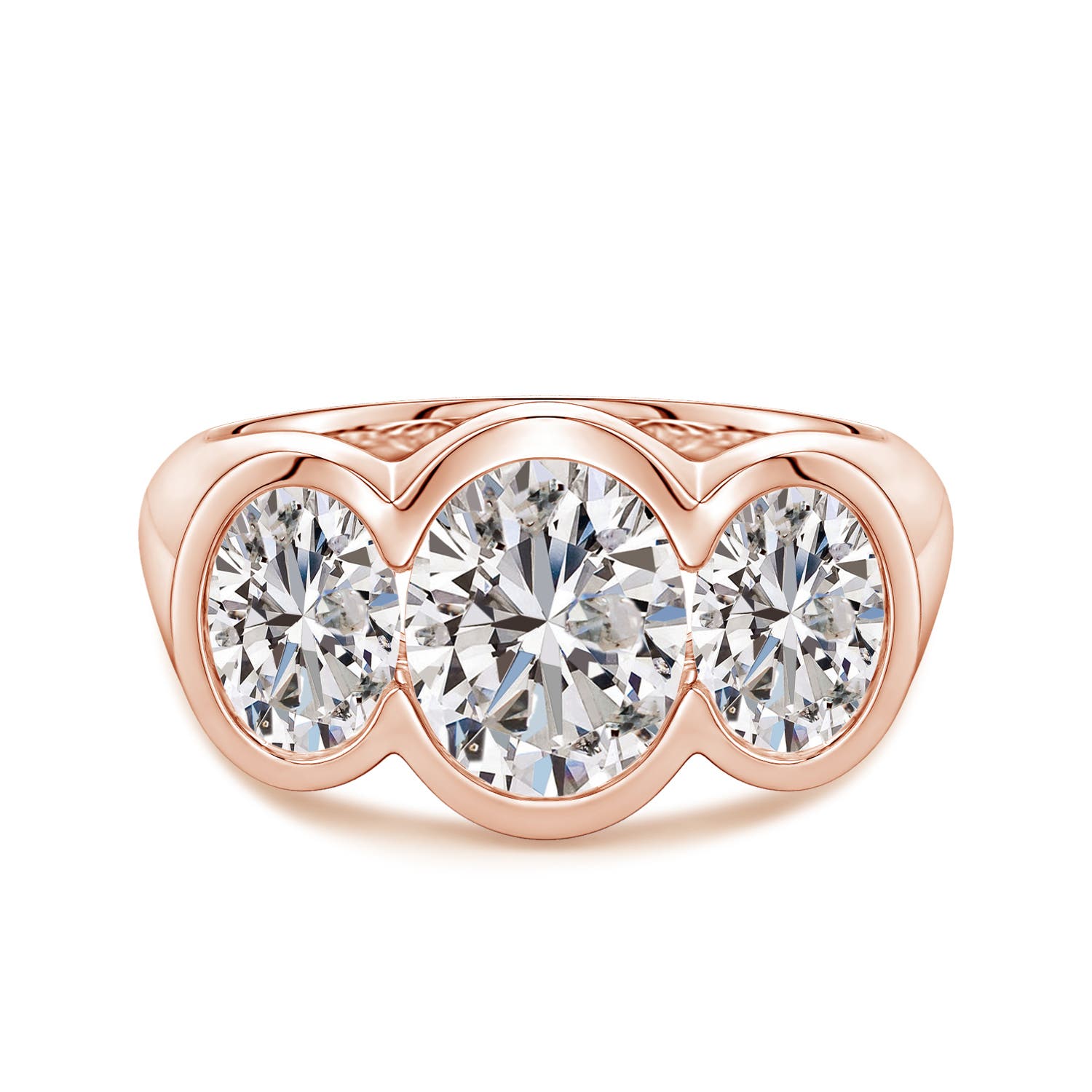 9x7mm IJI1I2 Flush-Set Oval Diamond Three-Stone Engagement Ring in 18K Rose Gold