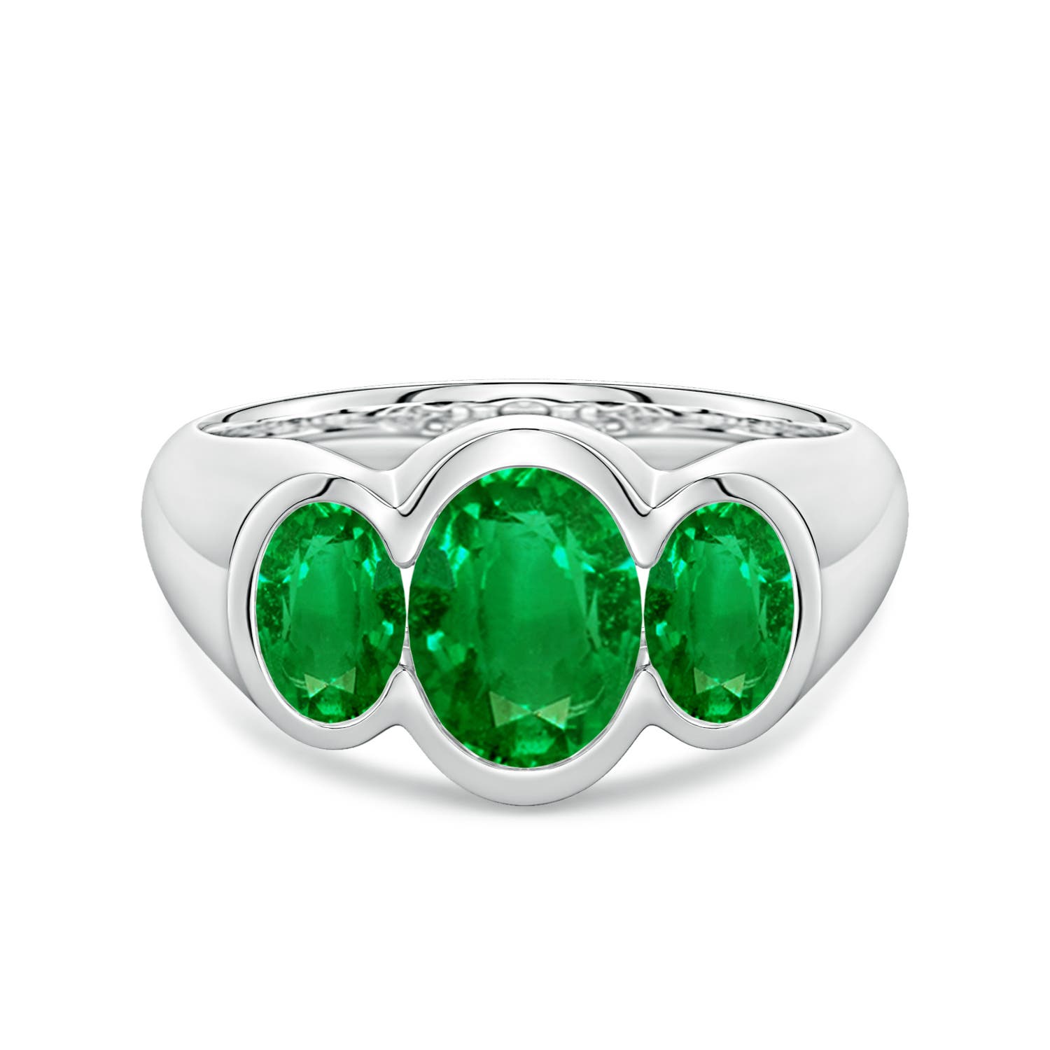 8x6mm AAAA Flush-Set Oval Emerald Three-Stone Engagement Ring in P950 Platinum