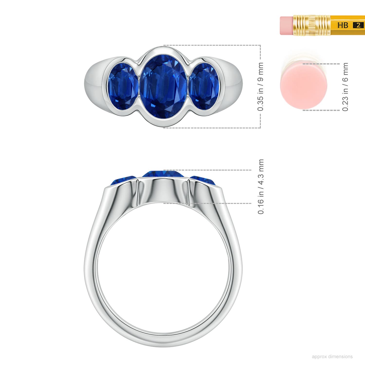 8x6mm AAA Flush-Set Oval Blue Sapphire Three-Stone Engagement Ring in White Gold - ruler